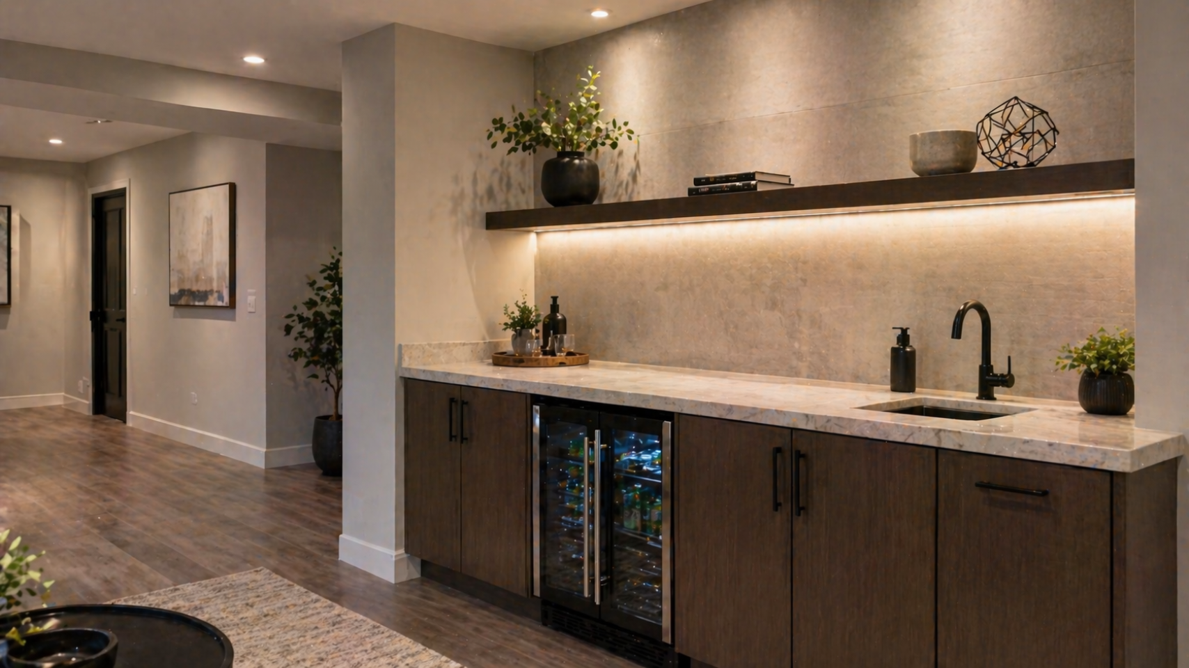 Modern basement bar area with countertop, sink, refrigerator, decorative plants, and ambient lighting, showcasing multi-purpose design for lake homes in Fish Haven, Idaho.