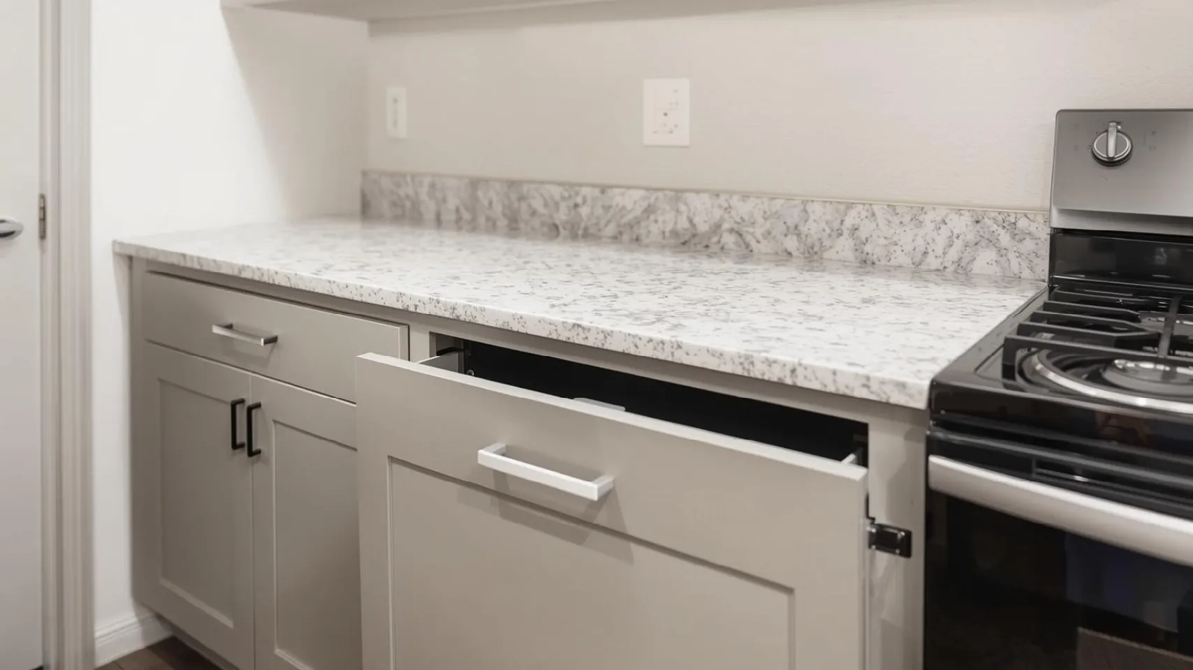 Modern kitchen countertop with speckled granite surface, adjacent to a gas stove and gray cabinetry featuring an open drawer, emphasizing functional design in kitchen remodeling.