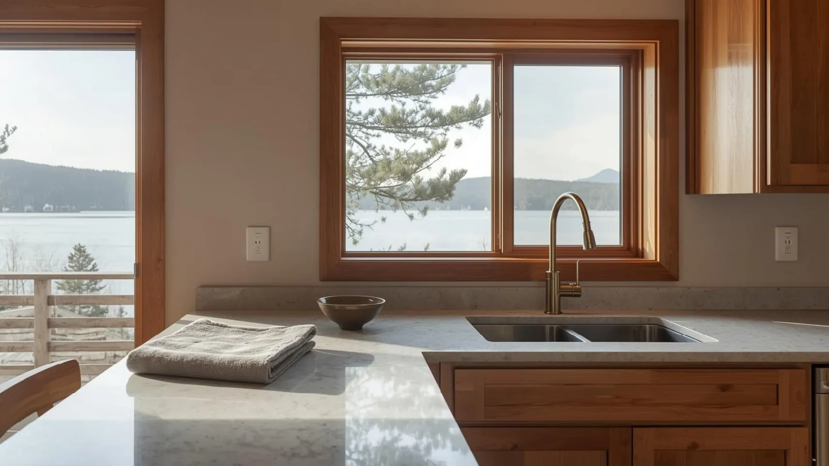 Kitchen countertop with a towel and bowl, featuring a scenic lake view through a large window in a Fish Haven, Idaho home, highlighting kitchen remodel elements suitable for lakefront living.