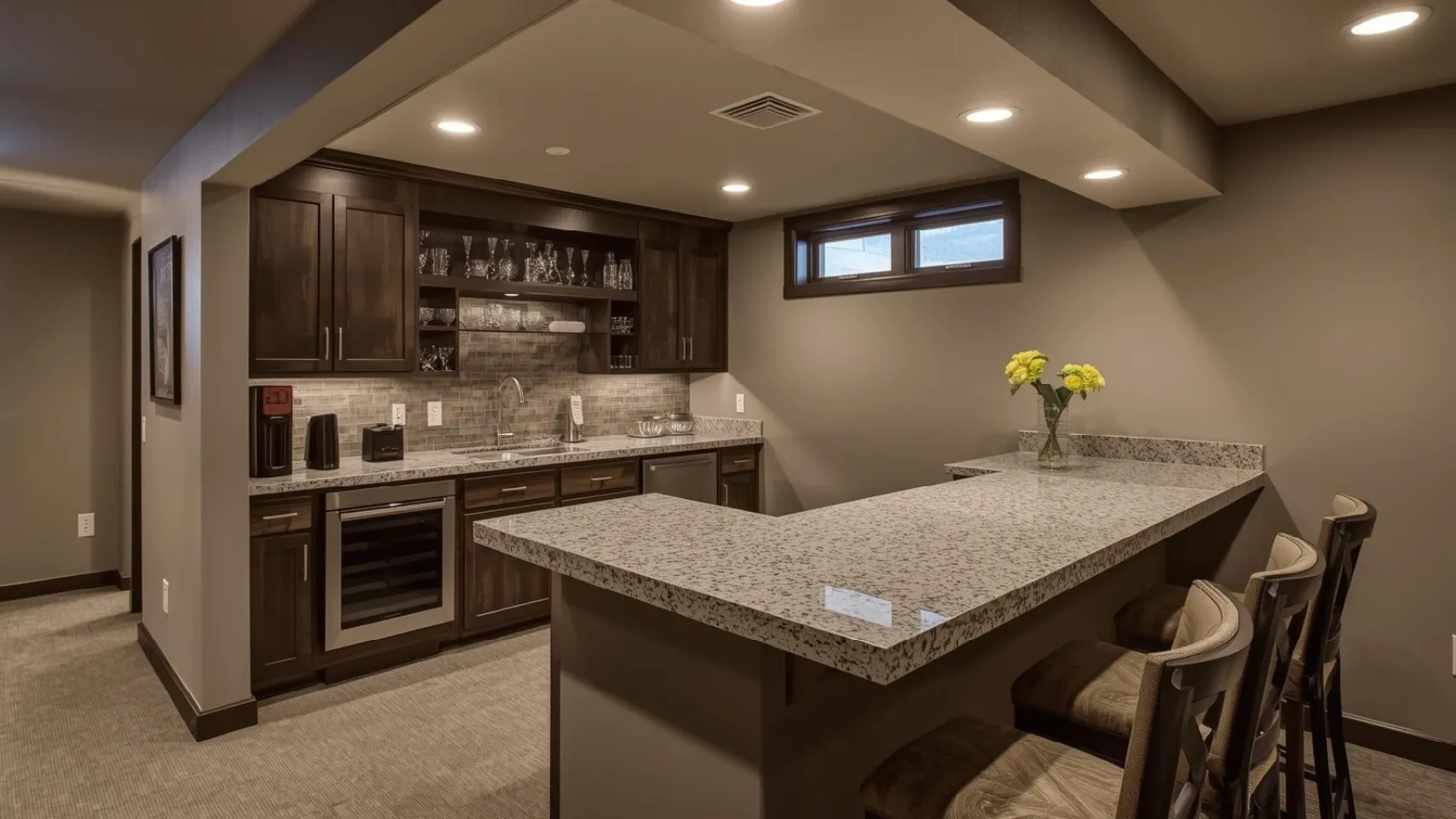 Modern basement bar area with stylish granite countertops, dark cabinetry, and seating, designed for functional basement remodels in Idaho.