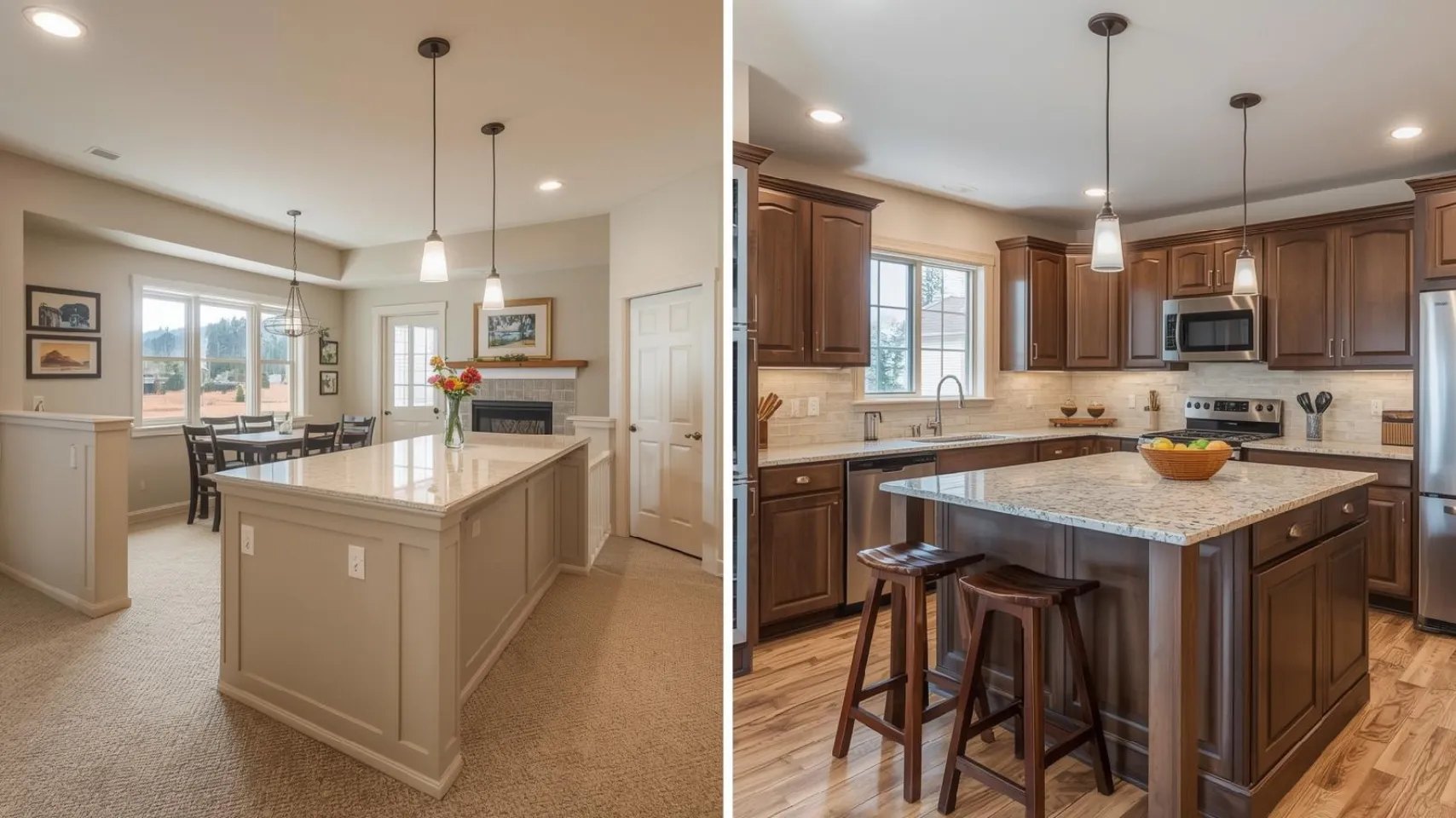 Kitchen and dining area featuring a spacious island with granite countertop, wooden cabinetry, and modern appliances, emphasizing finish consistency for basement remodels in Bear Lake.