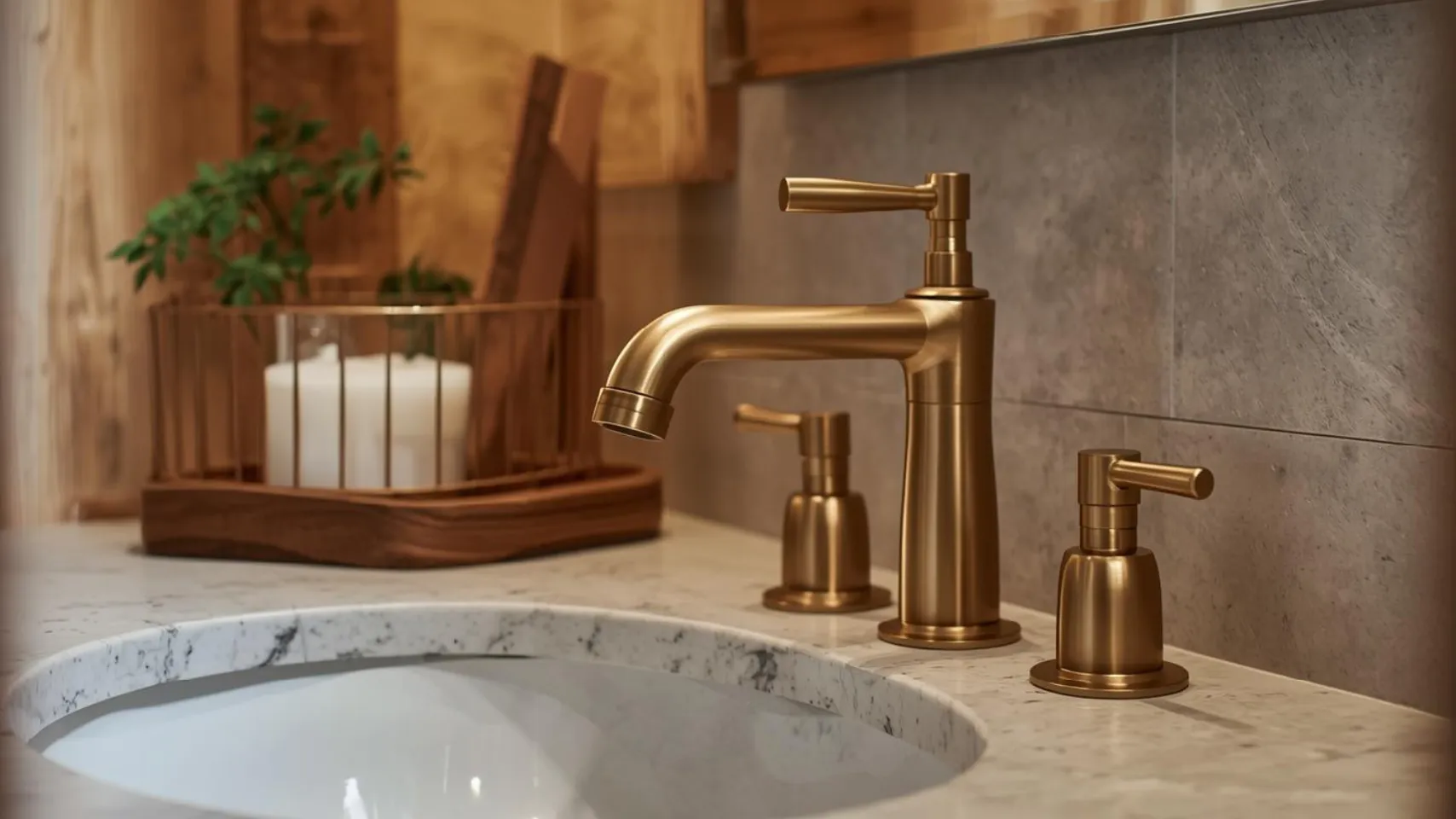 High-end bathroom faucet set in brushed gold finish, featuring a tall spout and matching soap dispenser, against a marble countertop, emphasizing durability and design for Bear Lake bathroom remodels.