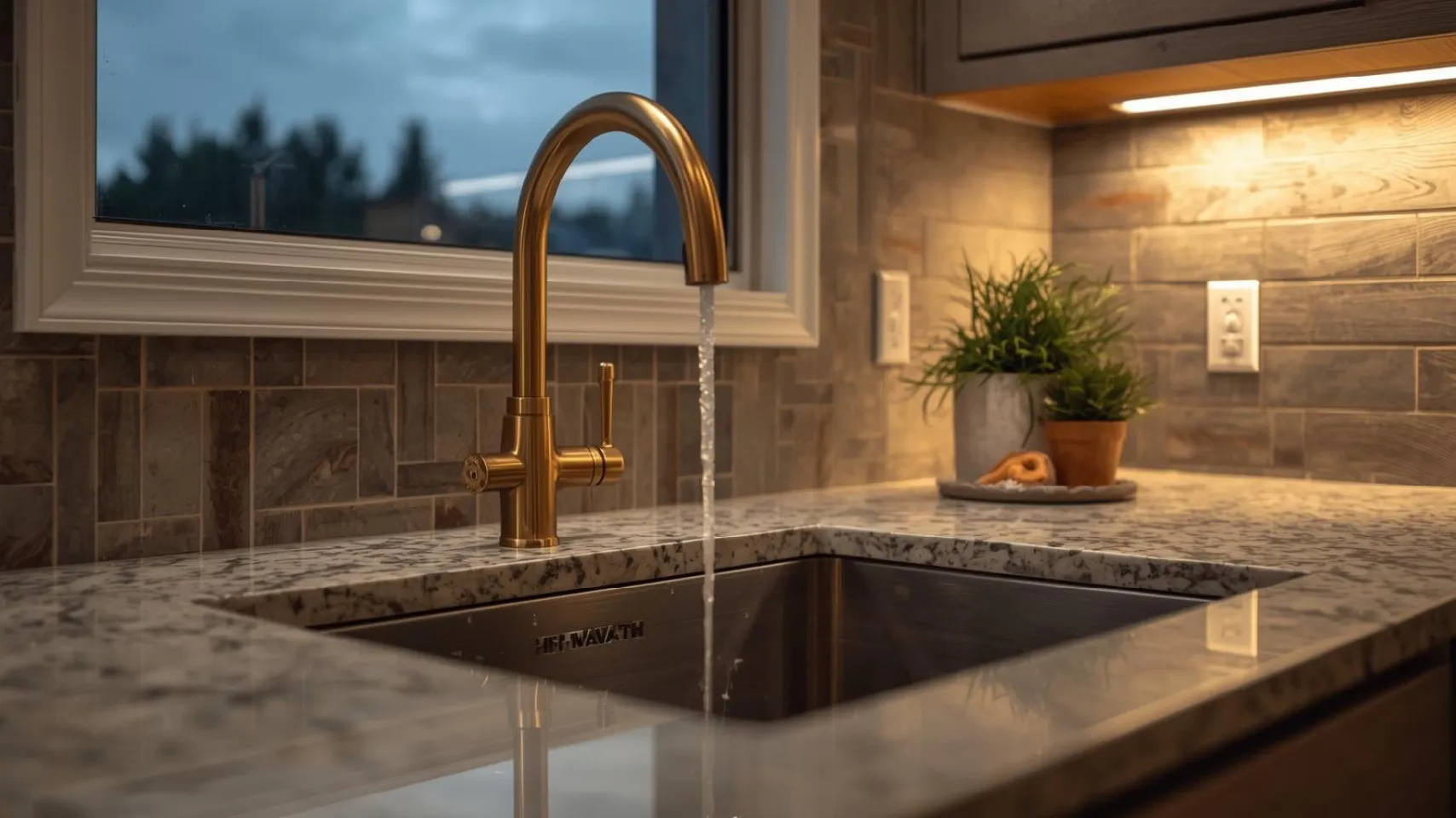 Gold faucet with running water above a granite countertop in a lakefront kitchen, featuring stylish finishes and a potted plant nearby.
