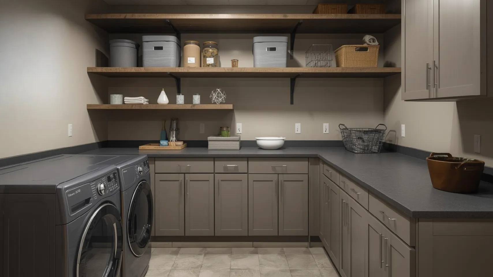 Utility basement laundry area with gray countertops, modern appliances, organized shelving, and storage baskets, emphasizing functionality and durability for practical tasks.