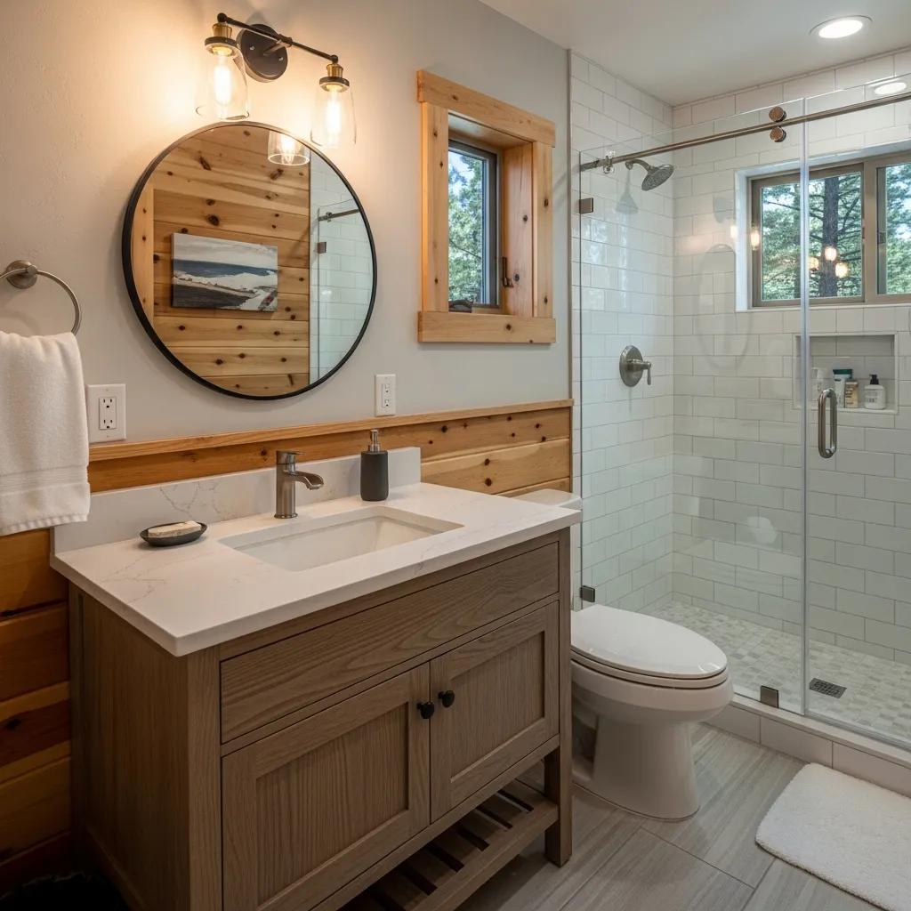 Modern bathroom featuring durable countertops, wooden accents, round mirror, glass shower enclosure, and natural light from window, emphasizing functionality and style for Bear Lake remodeling.