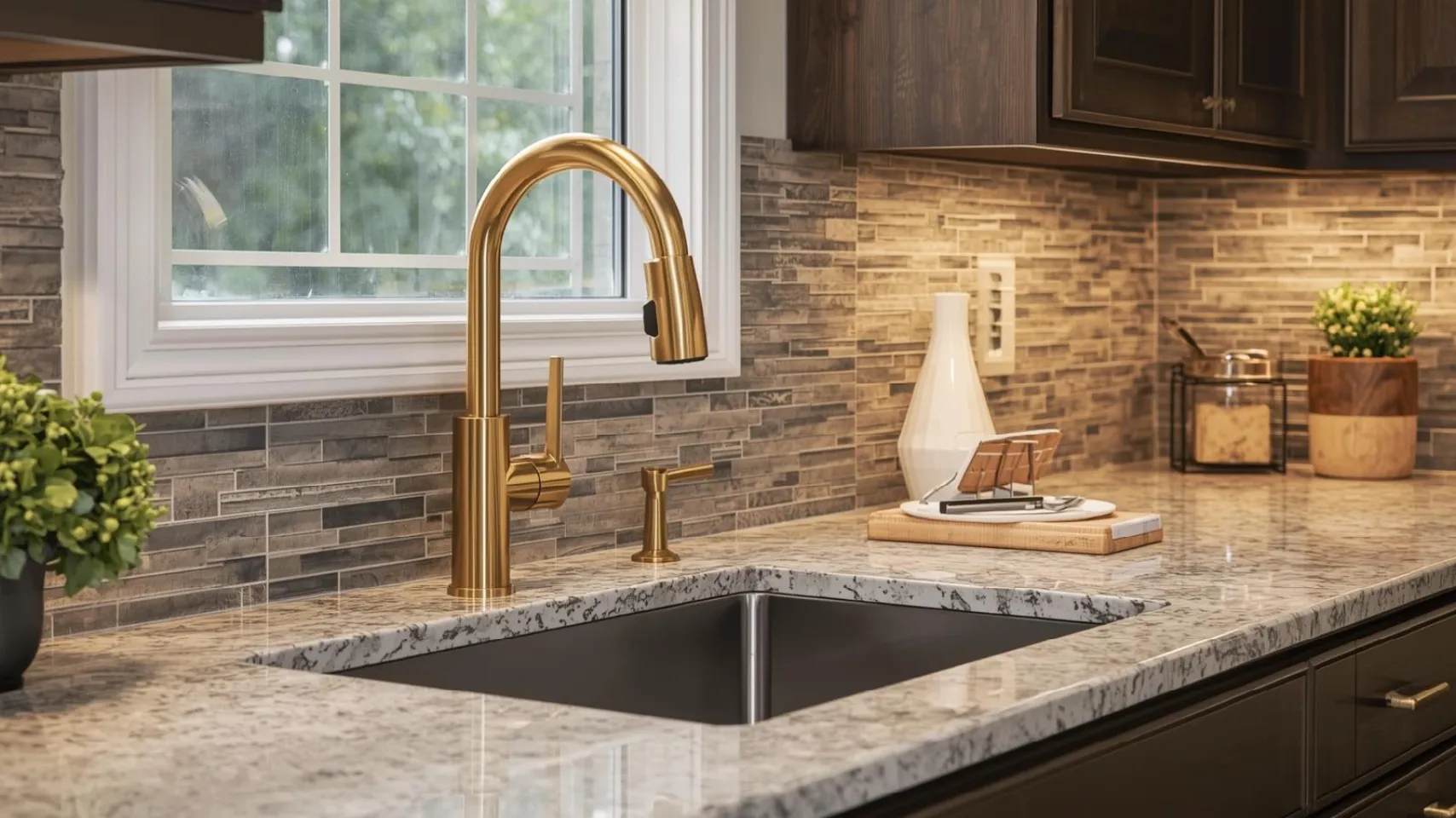 Kitchen countertop featuring a modern undermount sink, stylish gold faucet, and natural stone surface, complemented by contemporary cabinetry and decorative accents in a Bloomington home.