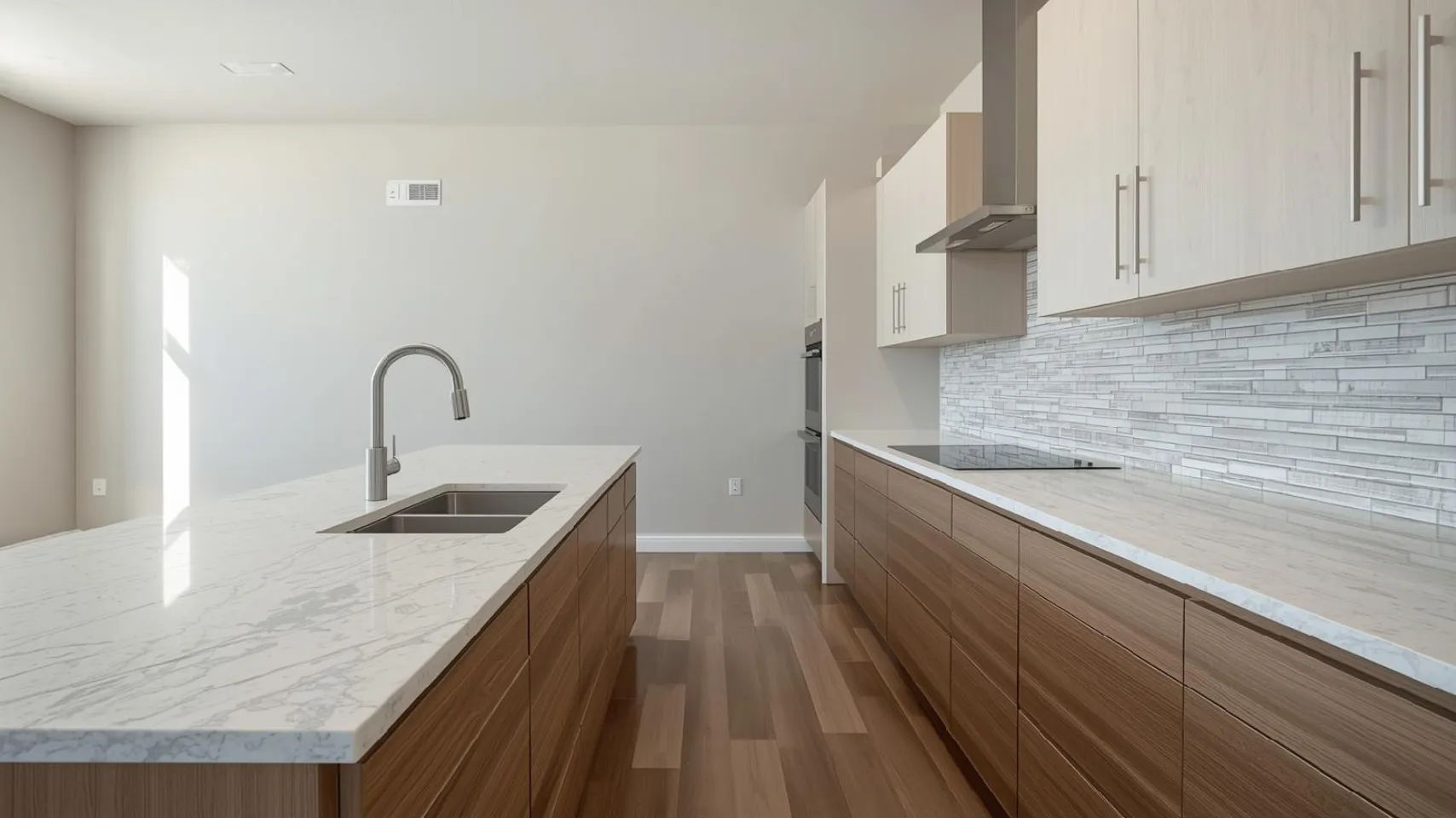 Modern kitchen interior featuring a sleek marble countertop, stainless steel sink, and wooden cabinetry, emphasizing high-end finishes and design suitable for kitchen remodels in Bloomington, Idaho.
