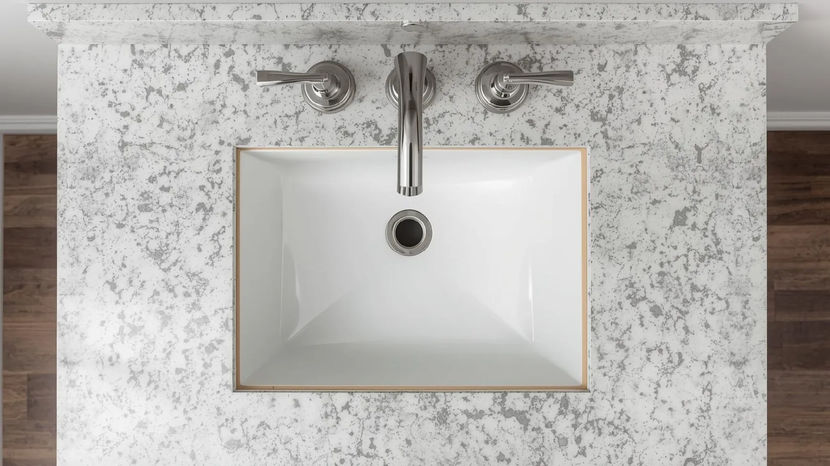 Modern bathroom sink with a rectangular white basin, polished chrome faucet, and a speckled gray stone countertop, illustrating durable materials suitable for Bear Lake bathrooms.