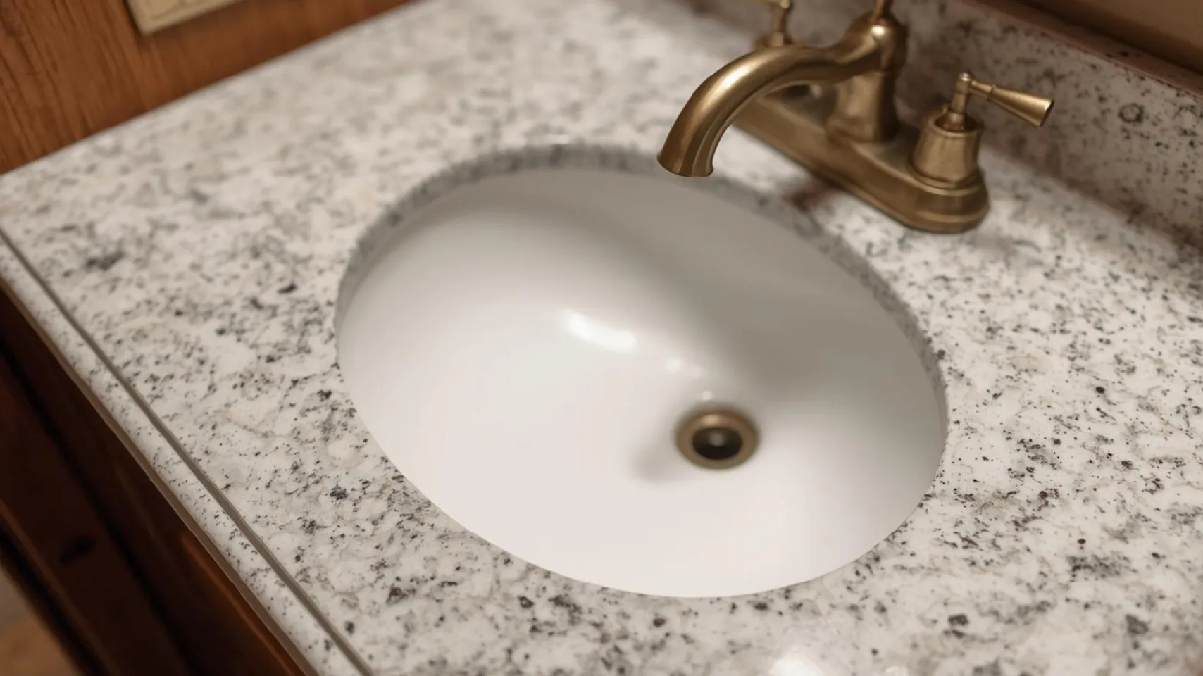 Vanity countertop with a white sink and brass faucet, showcasing durable material suitable for Bear Lake bathrooms.