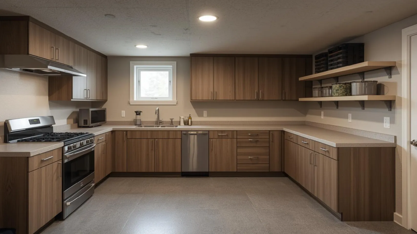 Modern basement kitchen with durable countertops, wooden cabinetry, and efficient layout for utility and storage.