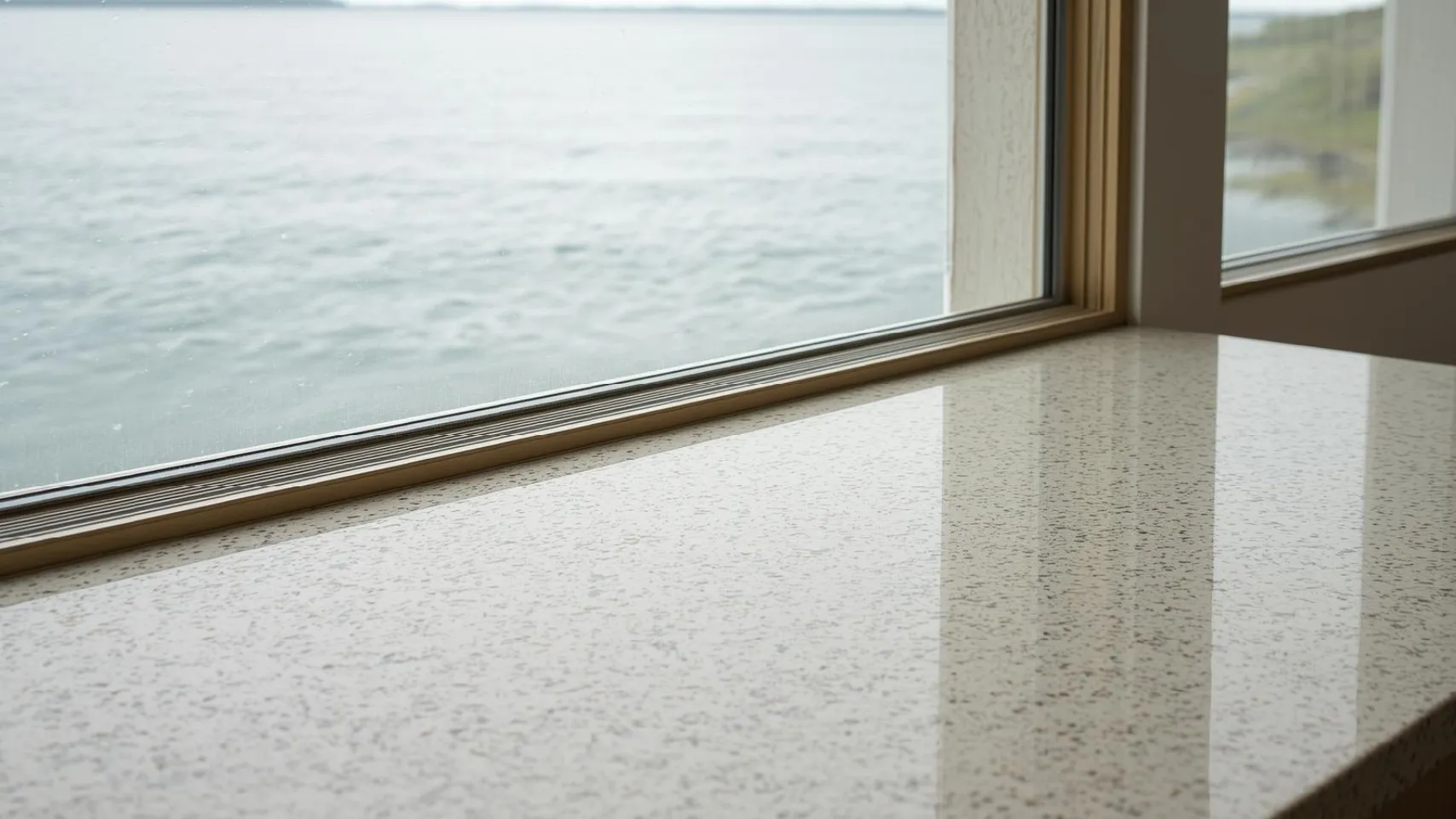 Quartz countertop with a smooth surface, positioned near a large window overlooking a lake, ideal for Fish Haven lake homes.
