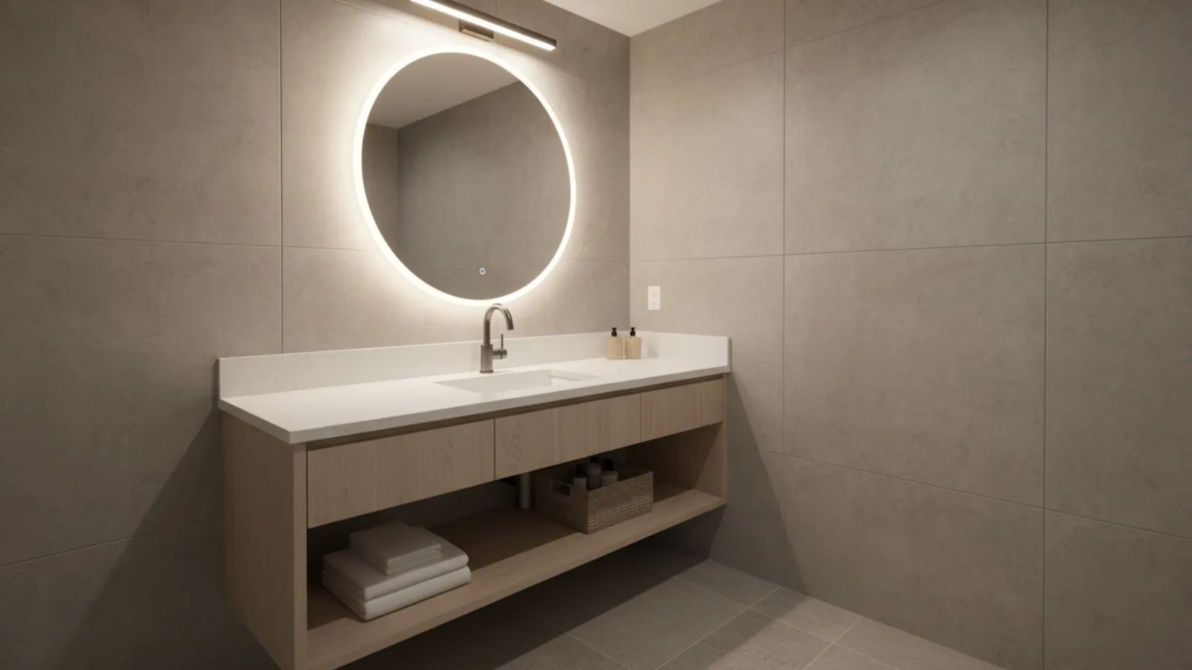 Modern lakefront bathroom featuring minimalist design, single-handle faucet, illuminated round mirror, and wooden vanity with open shelving for towels and toiletries.