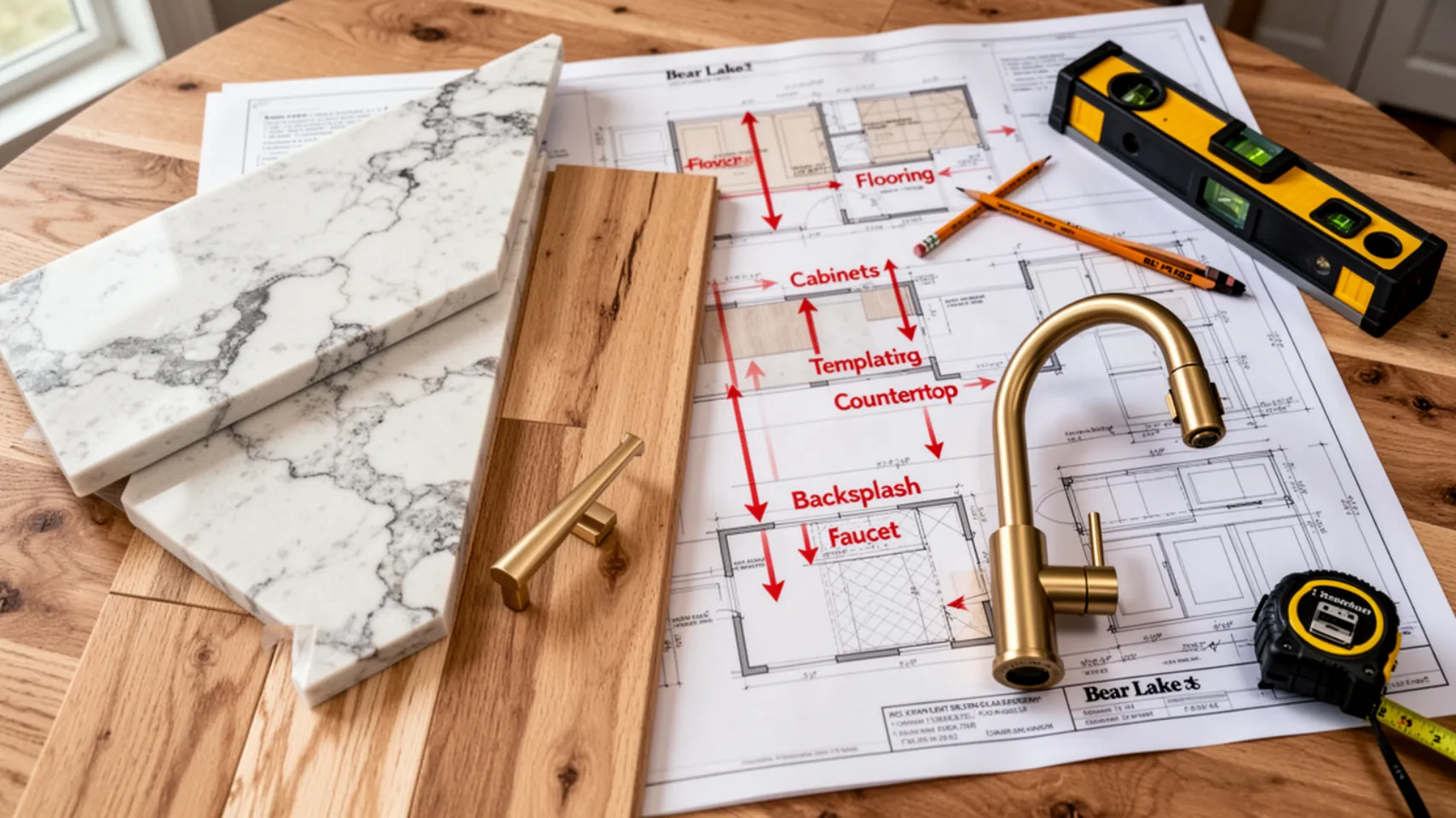 Marble countertop samples, golden faucet, and kitchen renovation blueprint on wooden table, highlighting countertop installation and kitchen remodels in Bear Lake, Idaho.