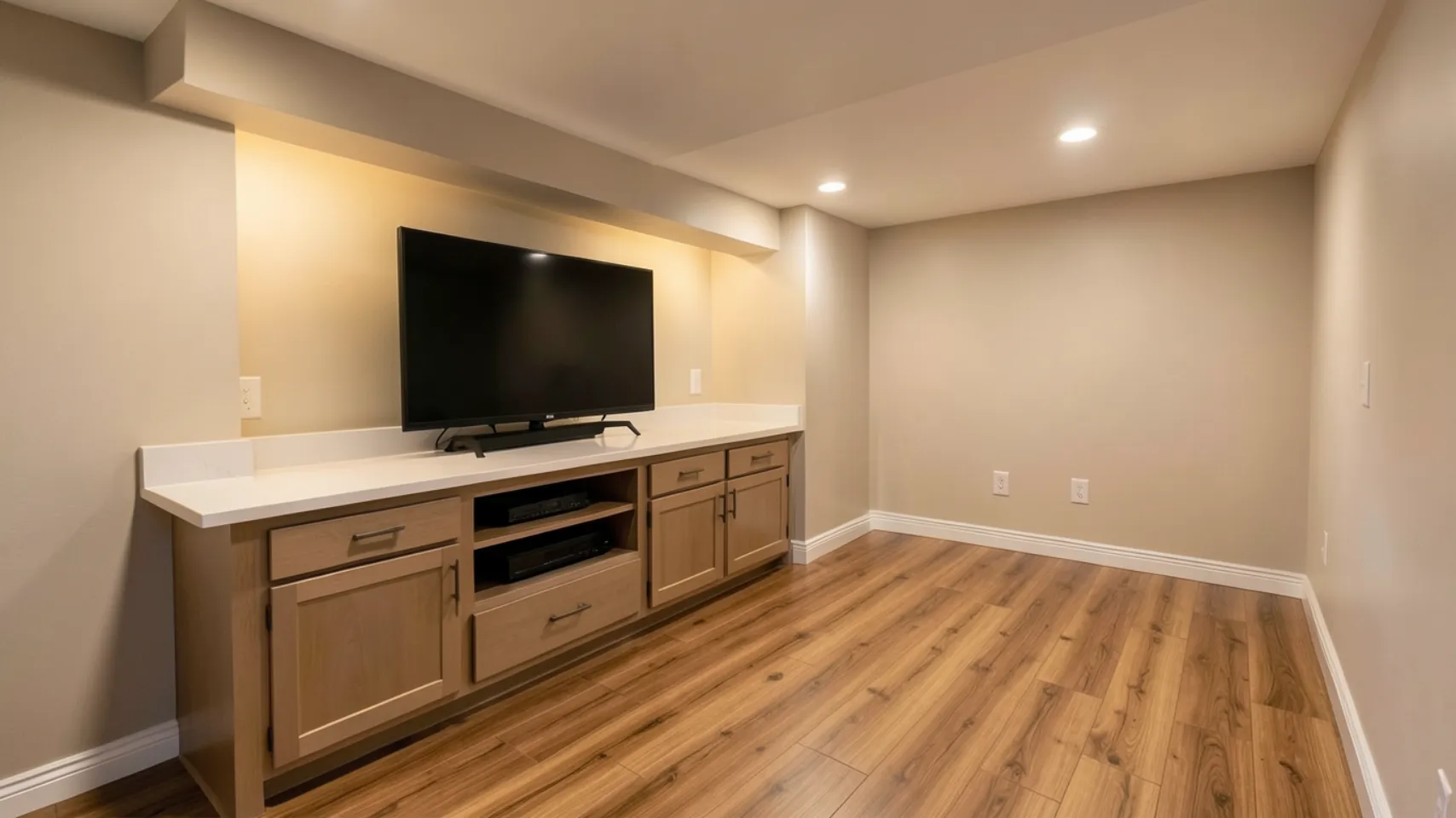 Modern basement living area with a mounted TV, wooden cabinetry, and a white countertop, emphasizing efficient design for usable space in Bloomington, Idaho.