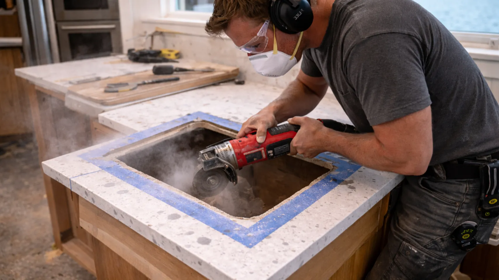 Man cutting a hole in a quartz countertop with a power tool, wearing safety goggles and a mask, surrounded by tools in a kitchen remodel setting, emphasizing the importance of precise faucet placement before countertop installation.