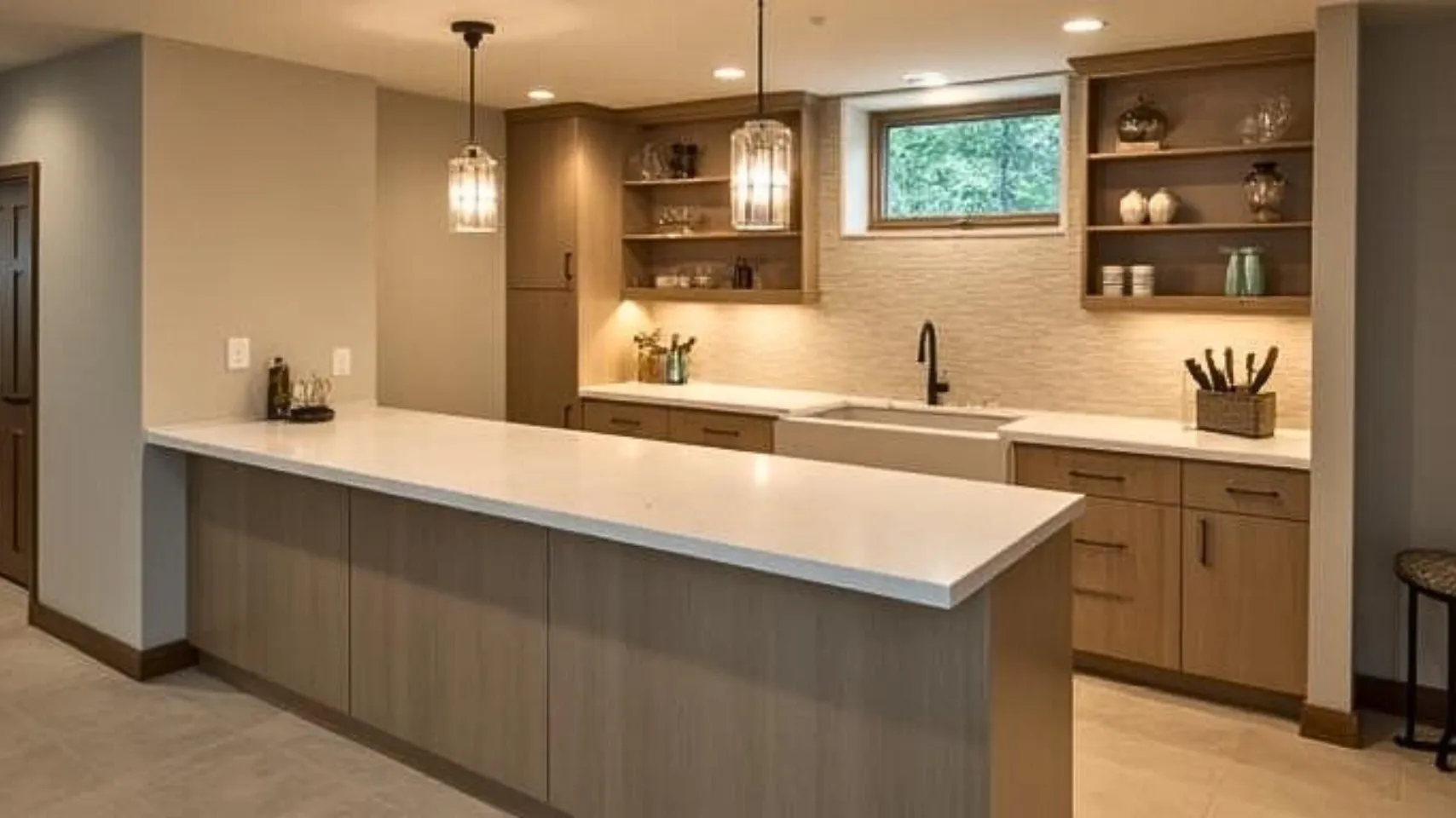 Modern kitchen with a large white countertop, wooden cabinetry, and stylish pendant lighting, showcasing a functional design ideal for multi-use basement remodels in lake homes.