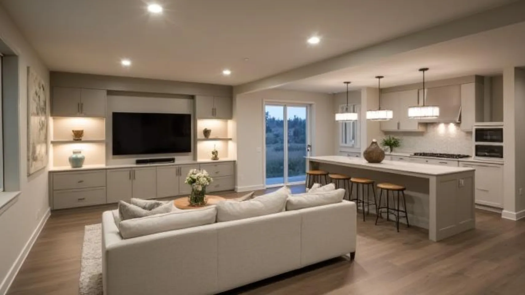 Modern basement living space in Fish Haven with a light color scheme, featuring a comfortable couch, a sleek kitchen island with bar stools, and a large TV, emphasizing adaptable design for multi-use functionality.