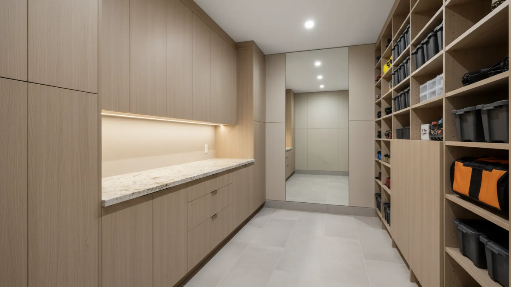 Modern basement utility countertop with engineered surface, storage cabinetry, and organized shelving for outdoor gear and seasonal equipment, designed for low-light environments in Fish Haven, Idaho.