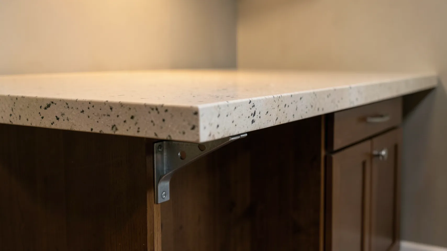 Basement bar countertop with speckled surface, showcasing steel bracket support and wooden cabinetry, relevant to remodeling discussions in Bloomington, Idaho.