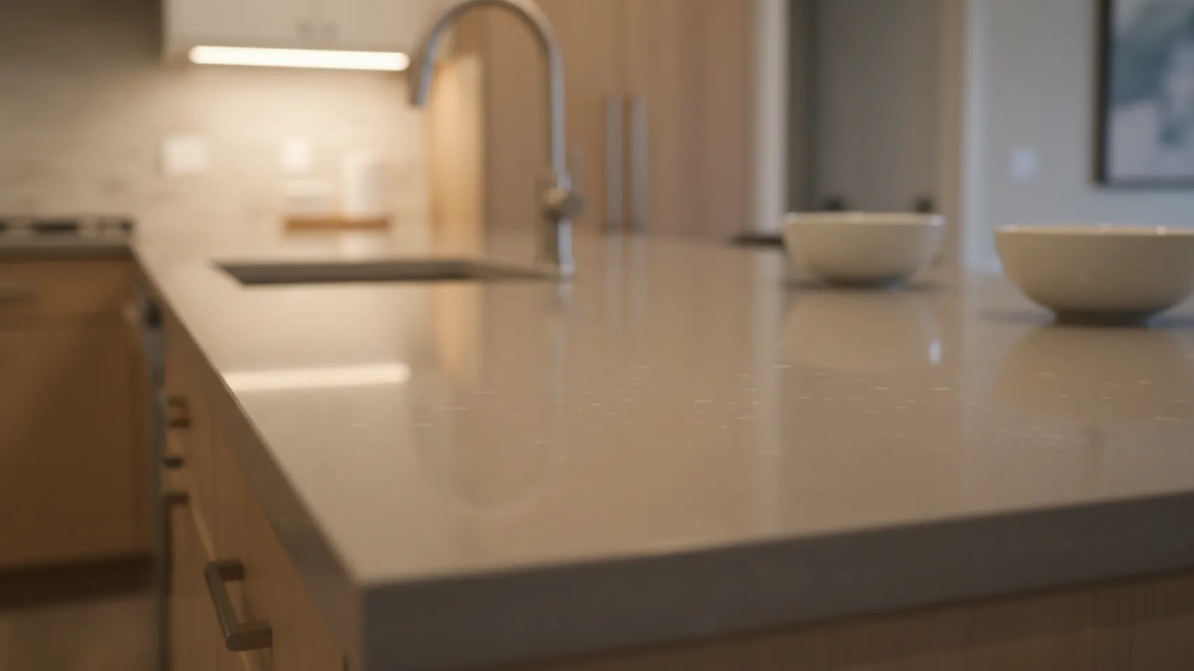 Basement countertop in Fish Haven, showcasing a durable, low-maintenance surface suitable for utility tasks, featuring a sink and bowls, emphasizing practicality in lower-light environments.
