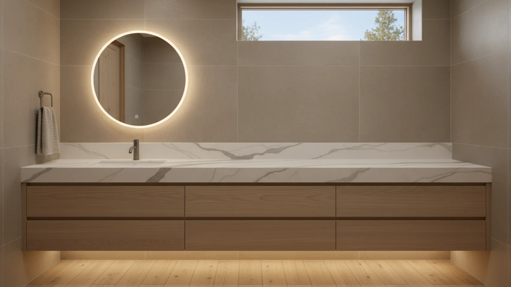 Modern lakefront bathroom featuring a sleek vanity with a marble countertop, illuminated round mirror, and wooden cabinetry, designed for durability and functionality in Fish Haven homes.