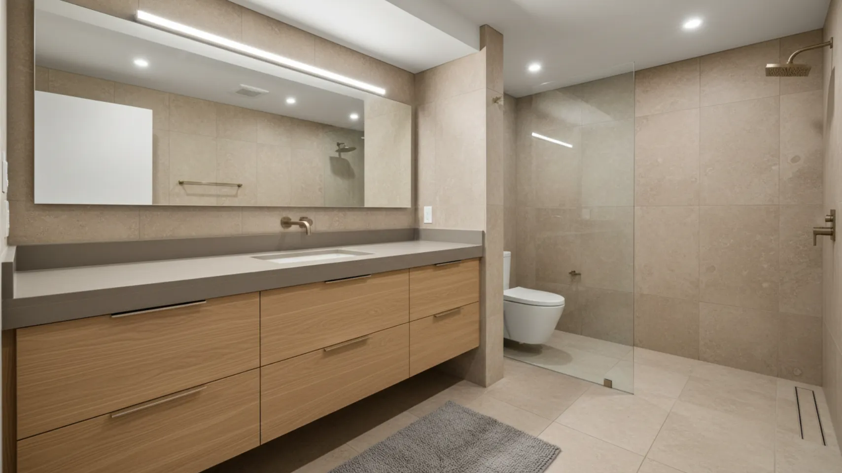 Modern lakefront bathroom with minimalist wood vanity, neutral countertop, touchless faucet, large mirror, and glass shower enclosure, emphasizing durability and design for seasonal use.