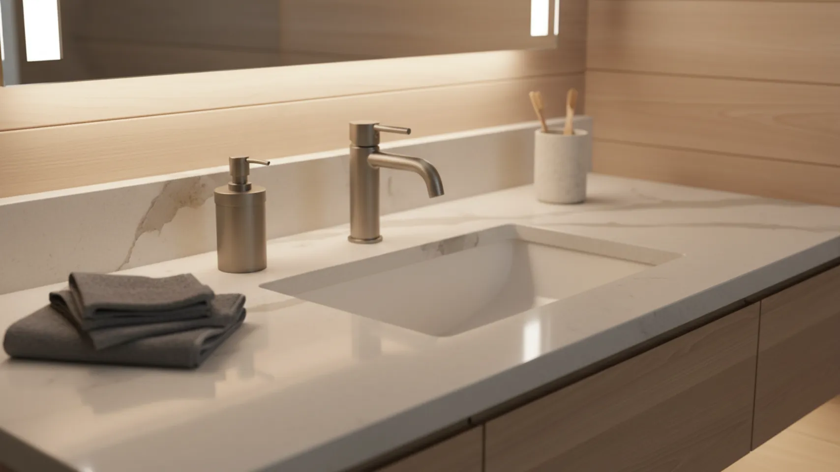 Modern bathroom vanity with a square sink, brushed metal faucet, soap dispenser, and neatly arranged gray towels, emphasizing durable design for lakefront homes.