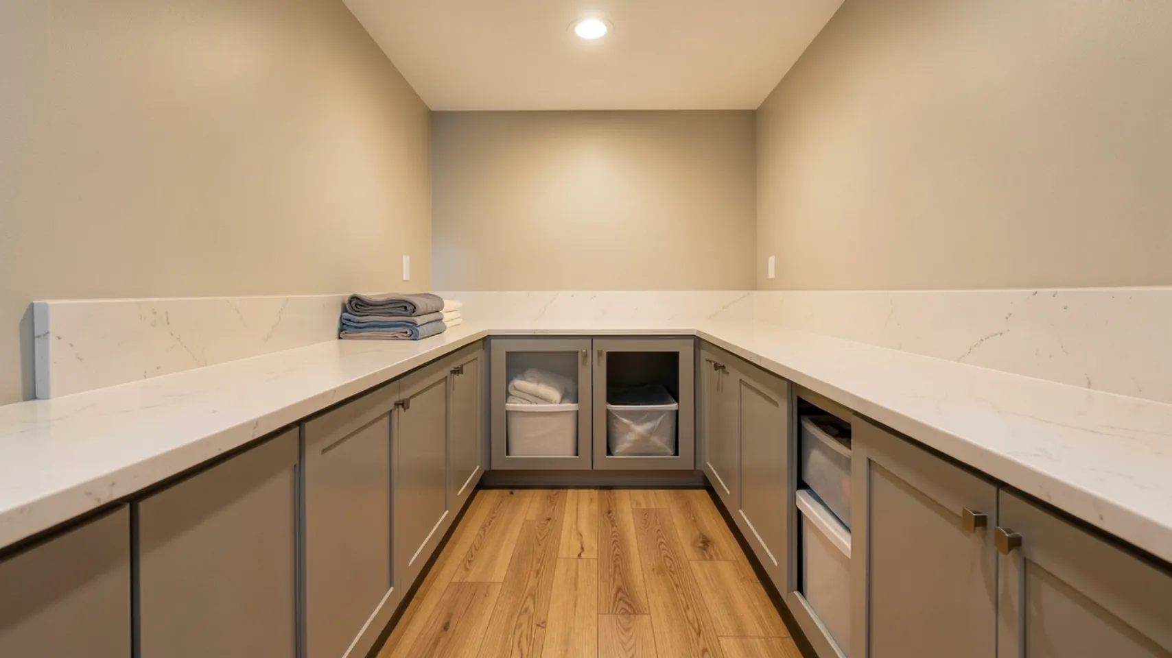 Modern basement remodel with light-colored quartz countertops, gray cabinetry, and warm honey oak flooring, emphasizing spatial perception and usability in Bloomington, Idaho.