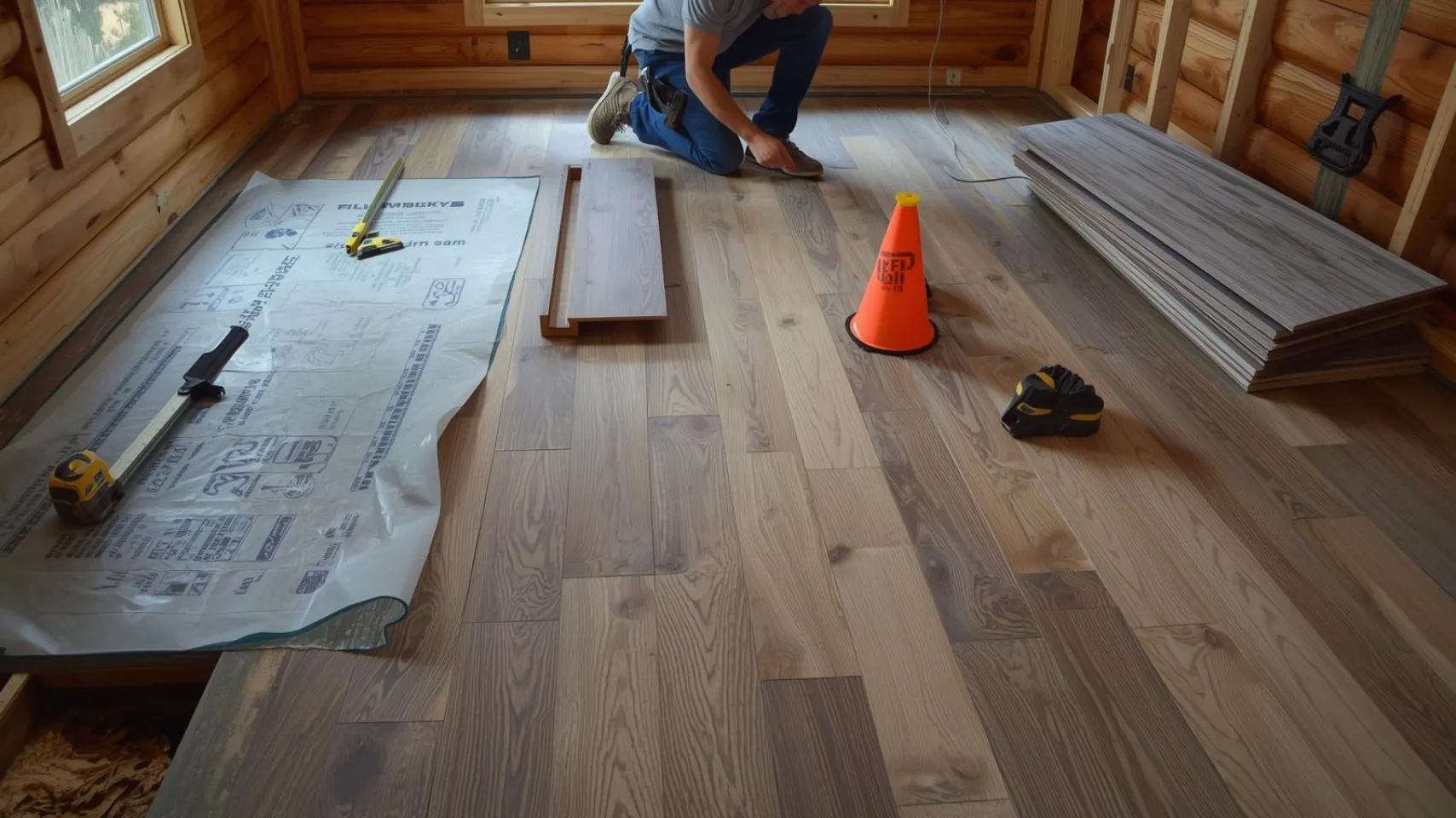 Man installing durable flooring in a Bear Lake cabin, with tools and materials including a measuring tape, flooring planks, and a safety cone, emphasizing the importance of proper installation for seasonal conditions.