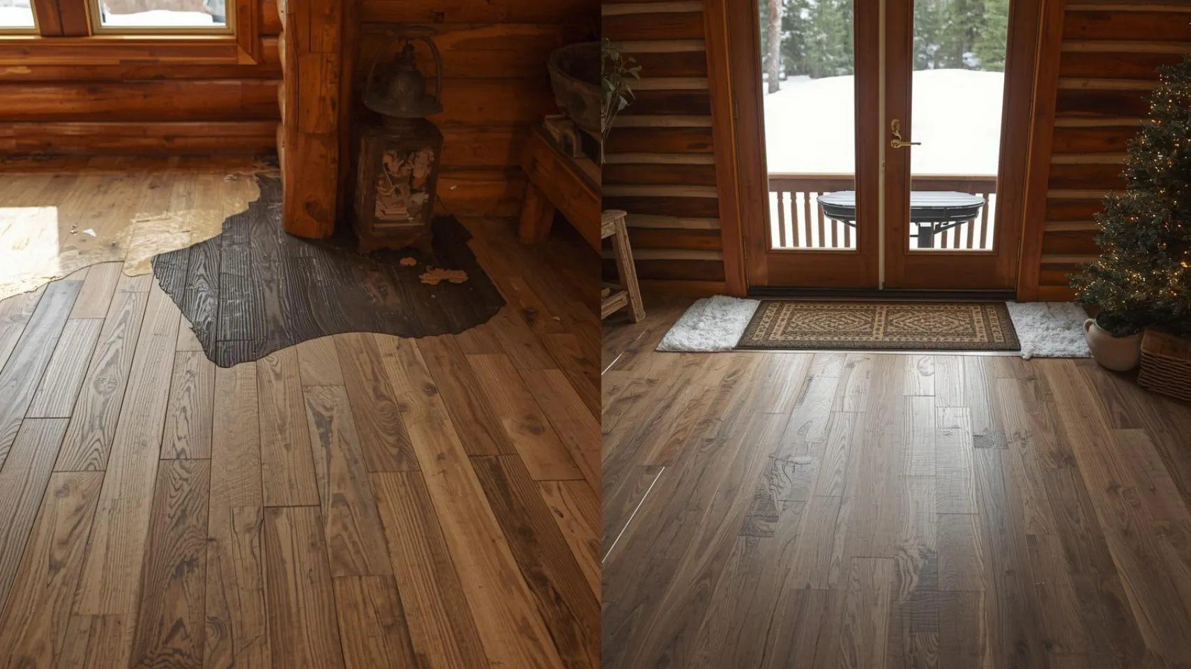 Luxury vinyl plank flooring in cabin setting, showcasing moisture-resistant and scratch-resistant qualities, contrasting with damaged hardwood flooring.