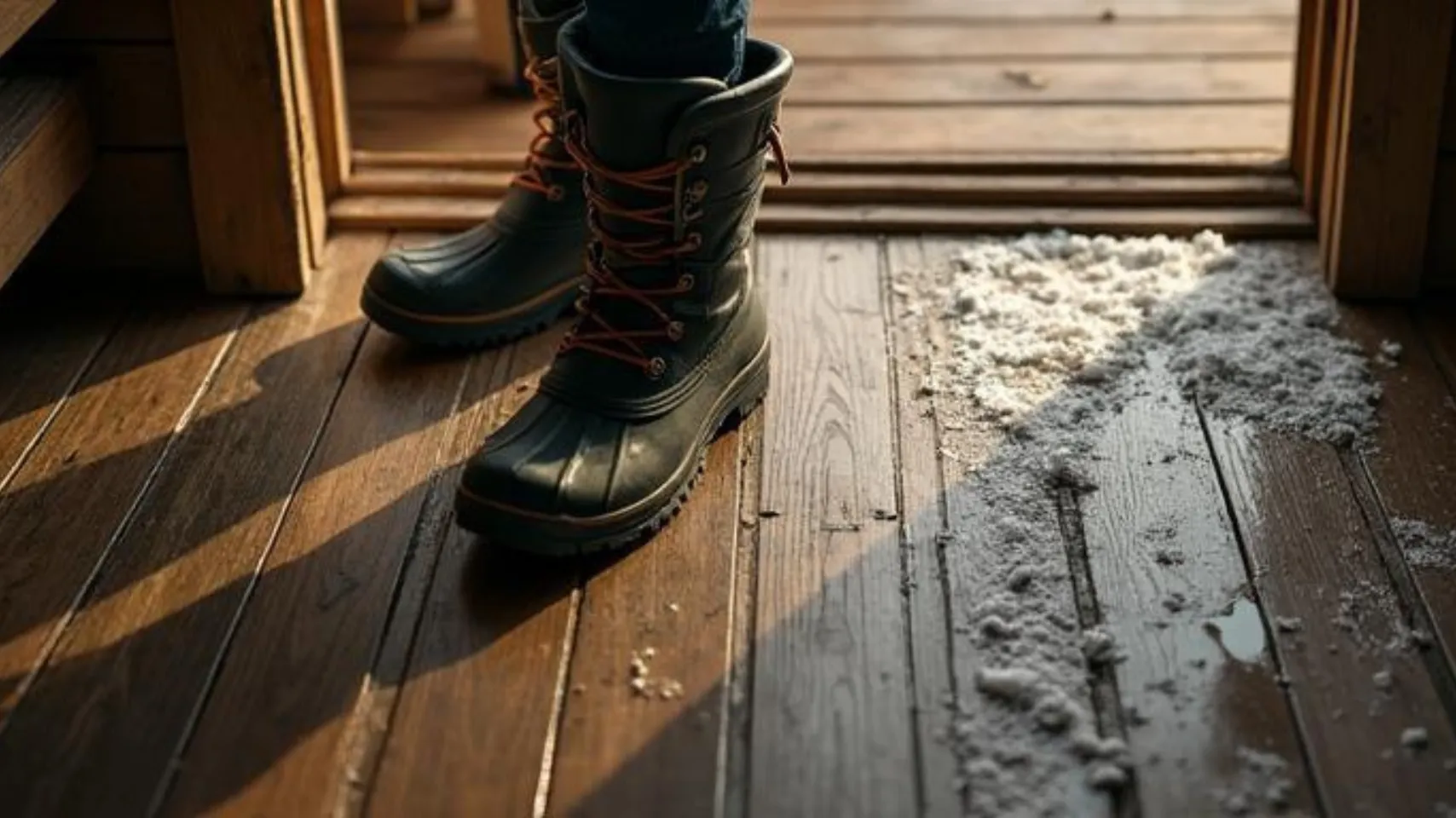 Wet boots on wooden cabin flooring with snow and moisture, illustrating the impact of winter conditions on Bear Lake cabin environments.