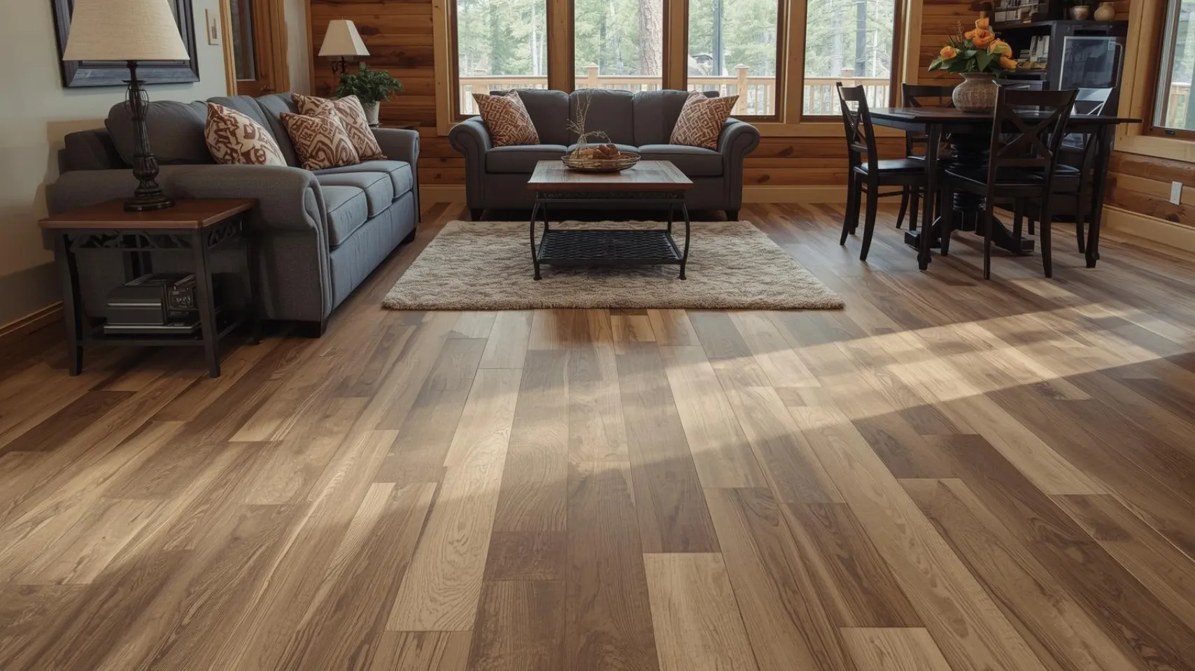 Cozy cabin interior featuring luxury vinyl plank flooring, comfortable gray sofa with decorative pillows, wooden dining table, and large windows showcasing natural light and surrounding trees.