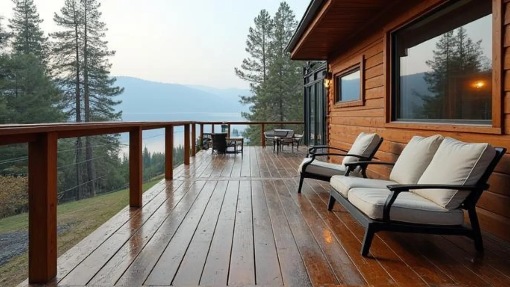 deck repair bear lake idaho showing post winter moisture damage on cabin deck viewed from modern interior