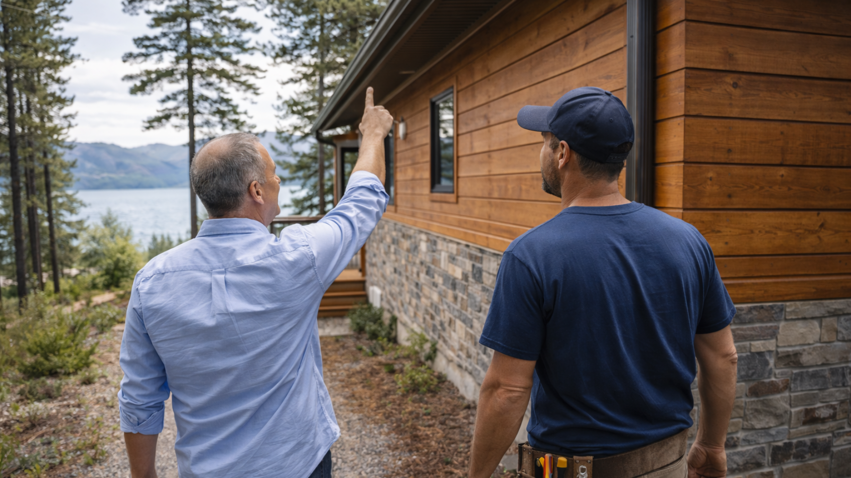property maintenance bear lake idaho cabin inspection with homeowner and handyman reviewing exterior condition