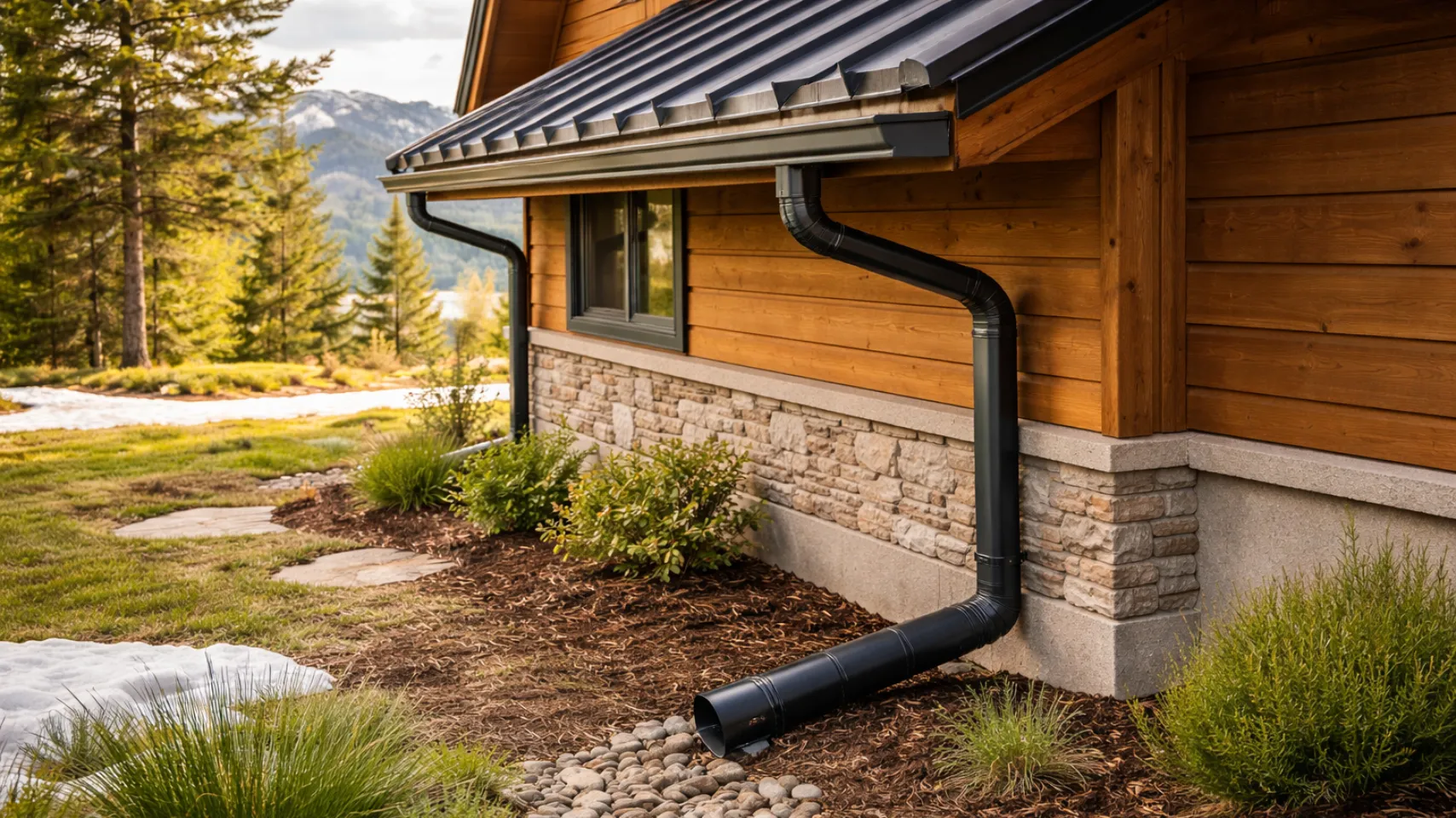 gutter system bear lake idaho showing properly aligned gutters and downspout directing water away from foundation