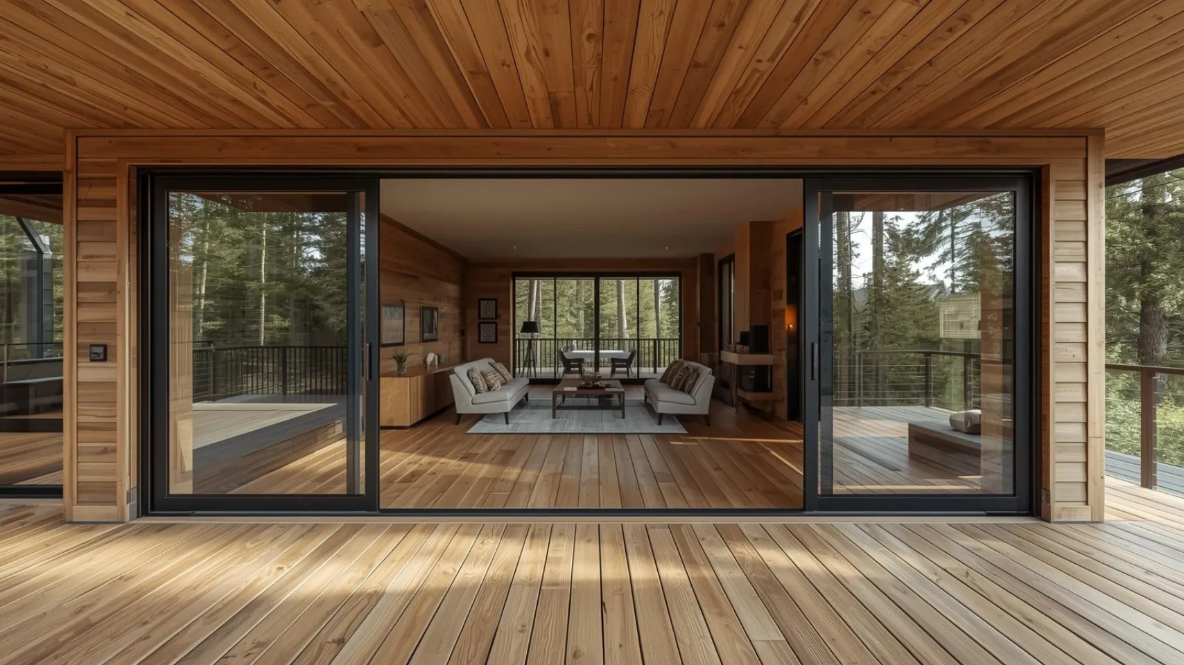 modern cabin indoor outdoor flooring transition bear lake idaho showing deck staining and design continuity