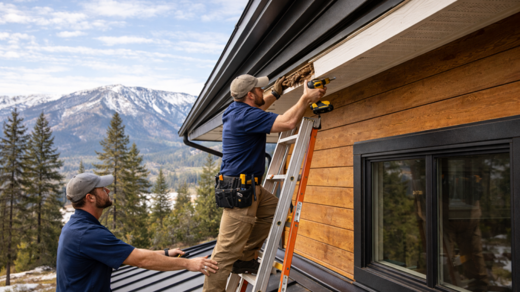 Two men repairing fascia boards on a cabin roof in Bear Lake, Idaho, with mountains in the background, emphasizing soffit and fascia maintenance for moisture and pest prevention.