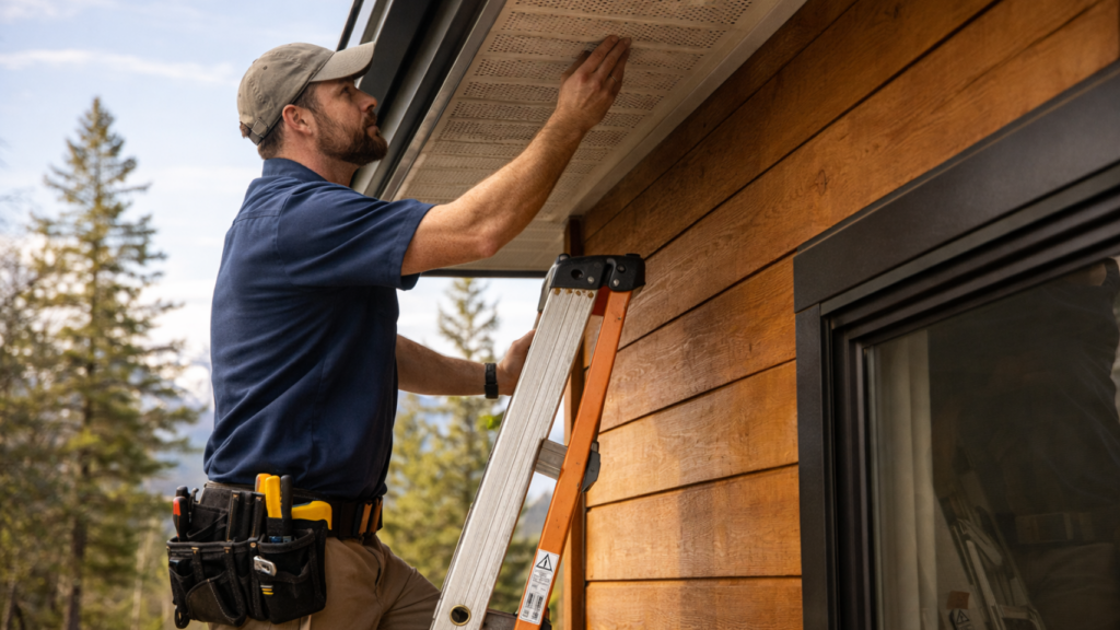Handyman inspecting soffit repair on cabin in Bear Lake, Idaho, with ladder and tools, emphasizing seasonal maintenance for moisture and pest prevention.