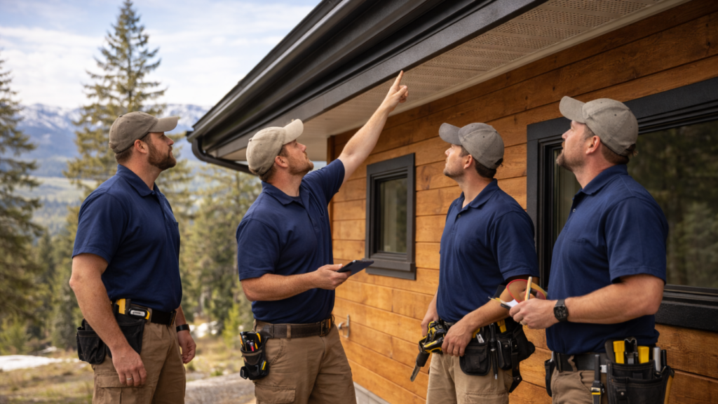 Four technicians in blue shirts inspecting soffit and fascia on a cabin in Bear Lake, Idaho, discussing ventilation and repair techniques amidst a mountainous backdrop.