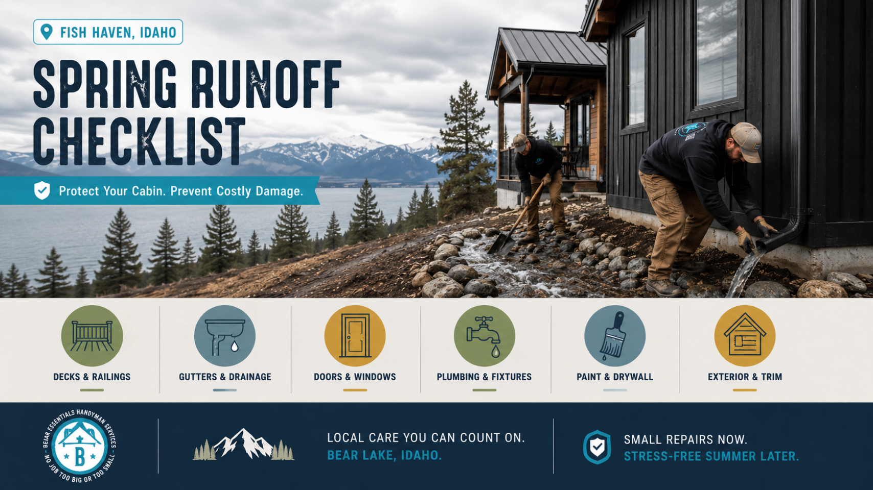 Bear Lake cabin spring runoff checklist and preventative maintenance for decks, railings, and windows.
