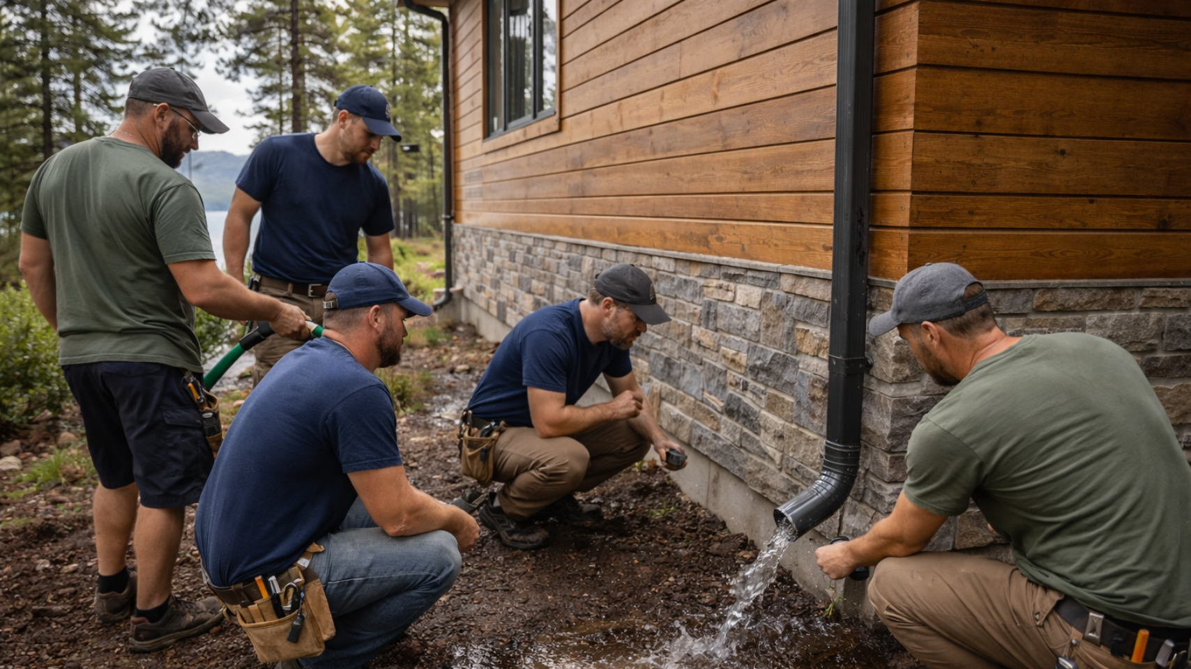 Bear Lake Idaho handyman team testing gutter drainage on cabin exterior using water flow to prevent foundation damage and summer water issues