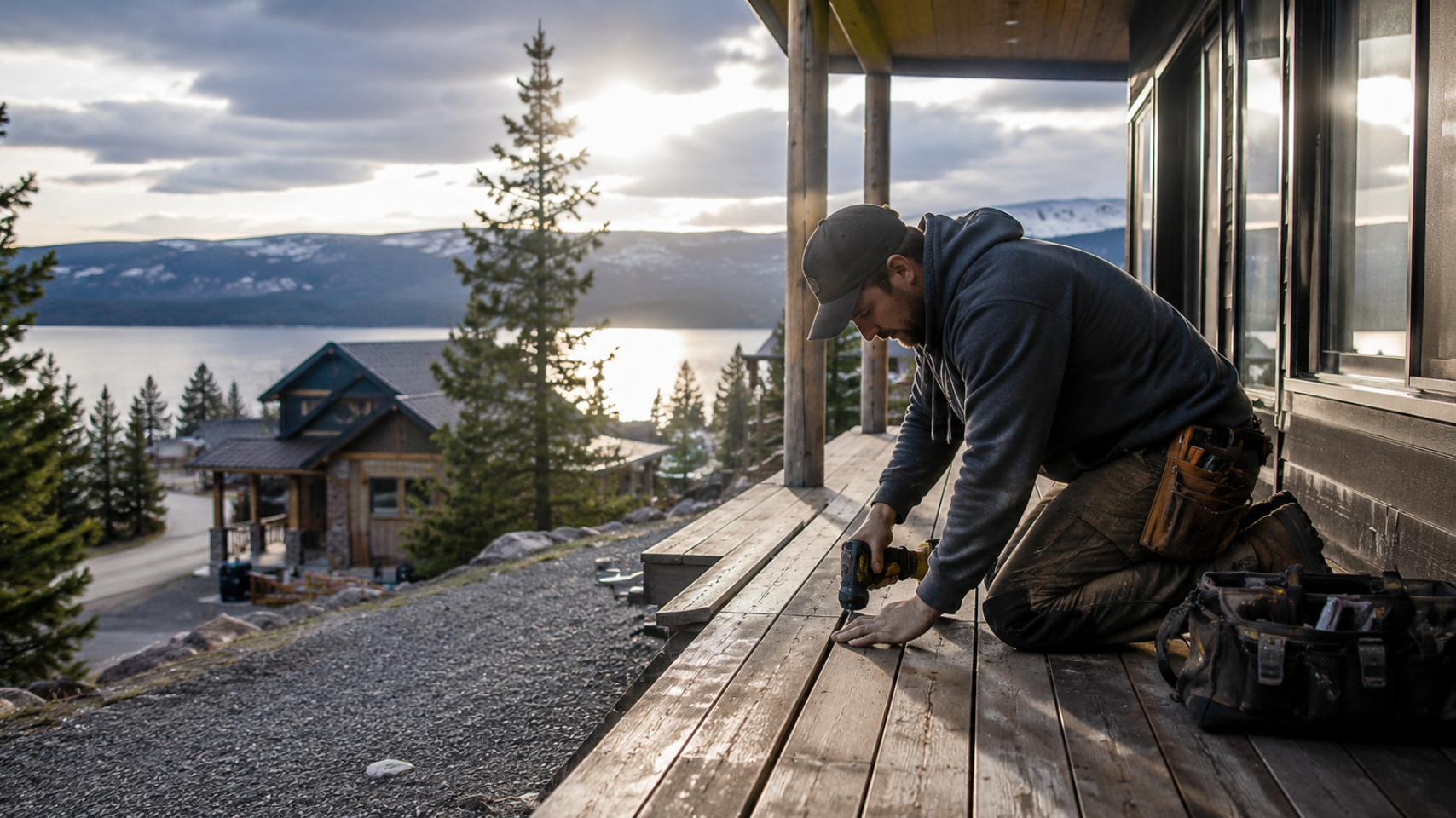 Handyman repairing cabin deck overlooking Bear Lake, Idaho.