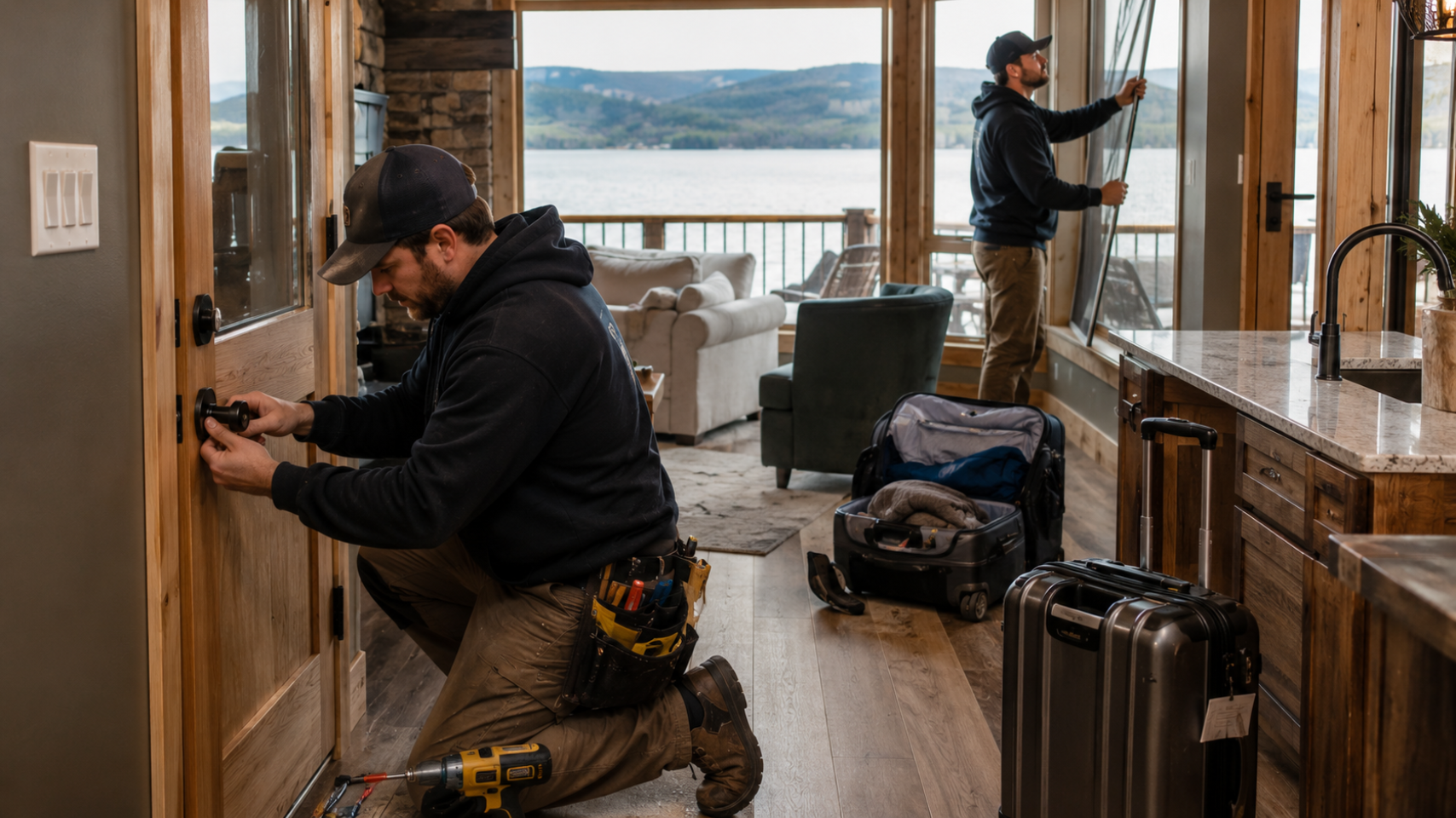 Handyman repairing cabin door and window, preventative maintenance for Bear Lake rentals.