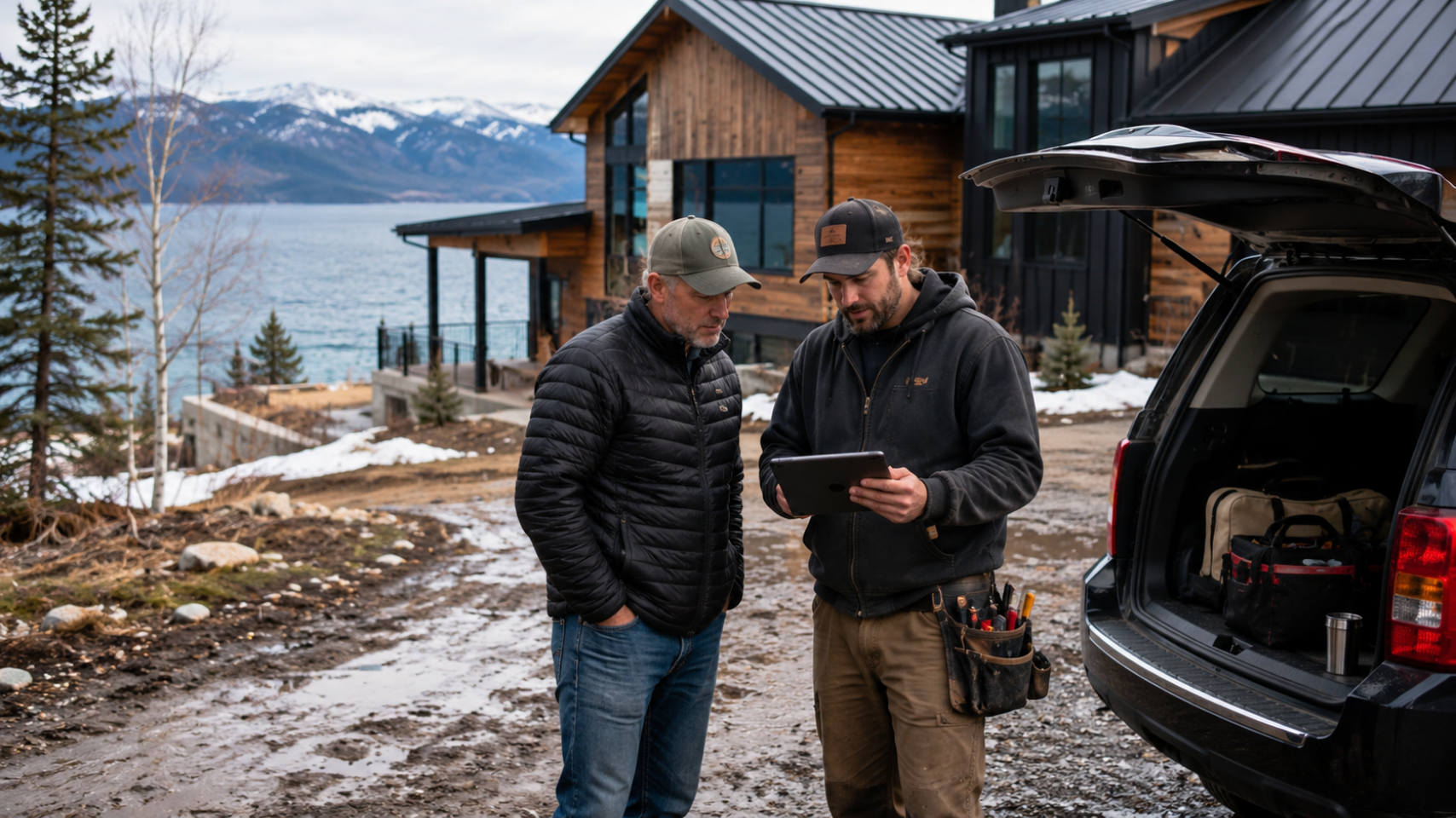 Bear Lake handyman services discussing cabin maintenance and repairs with owner.