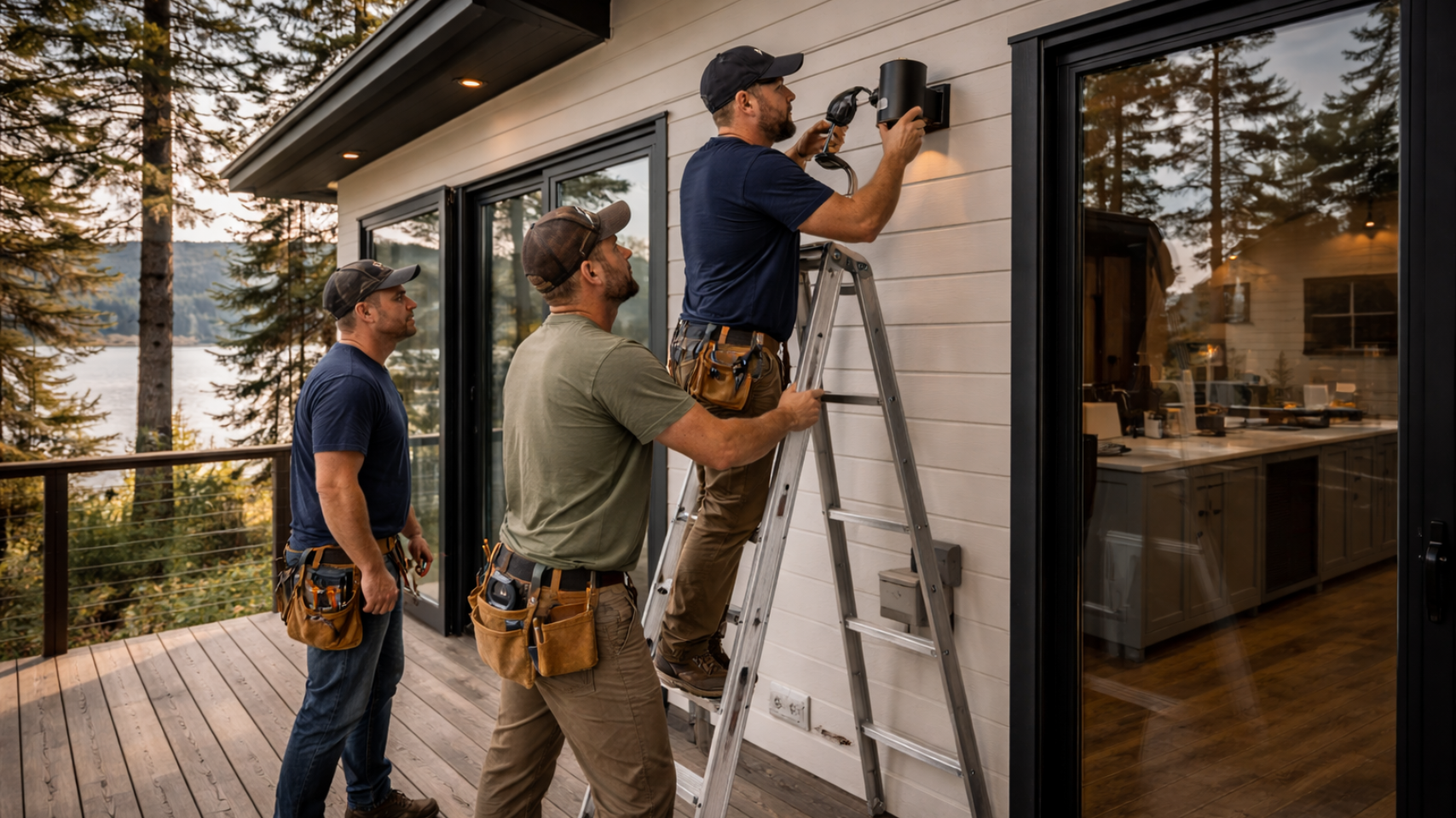handyman team installing exterior light fixture on modern Bear Lake Idaho cabin improving safety and exterior maintenance before summer guests arrive