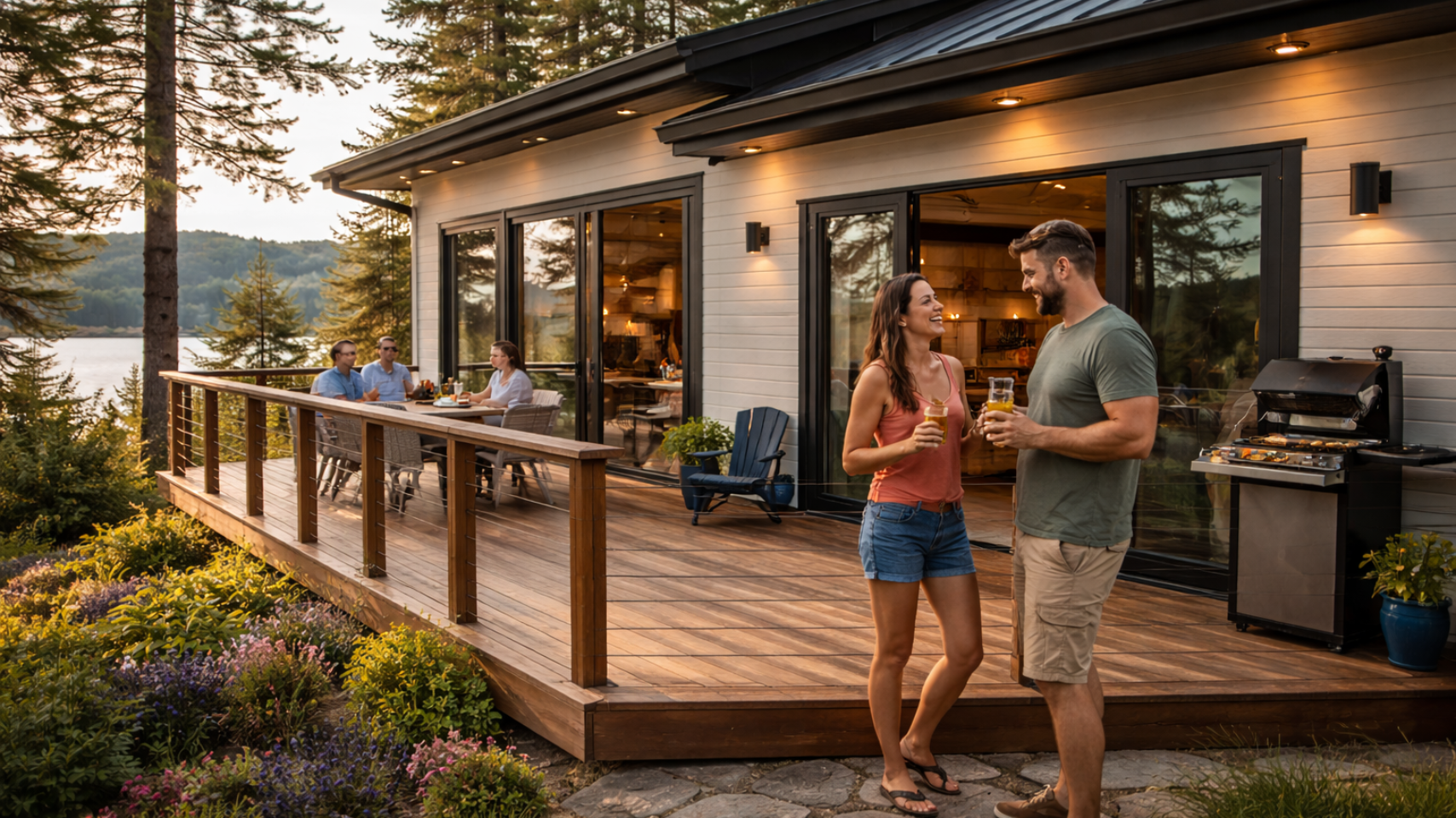 vacation rental Bear Lake Idaho cabin prepared for summer with guests relaxing on deck and outdoor entertainment space