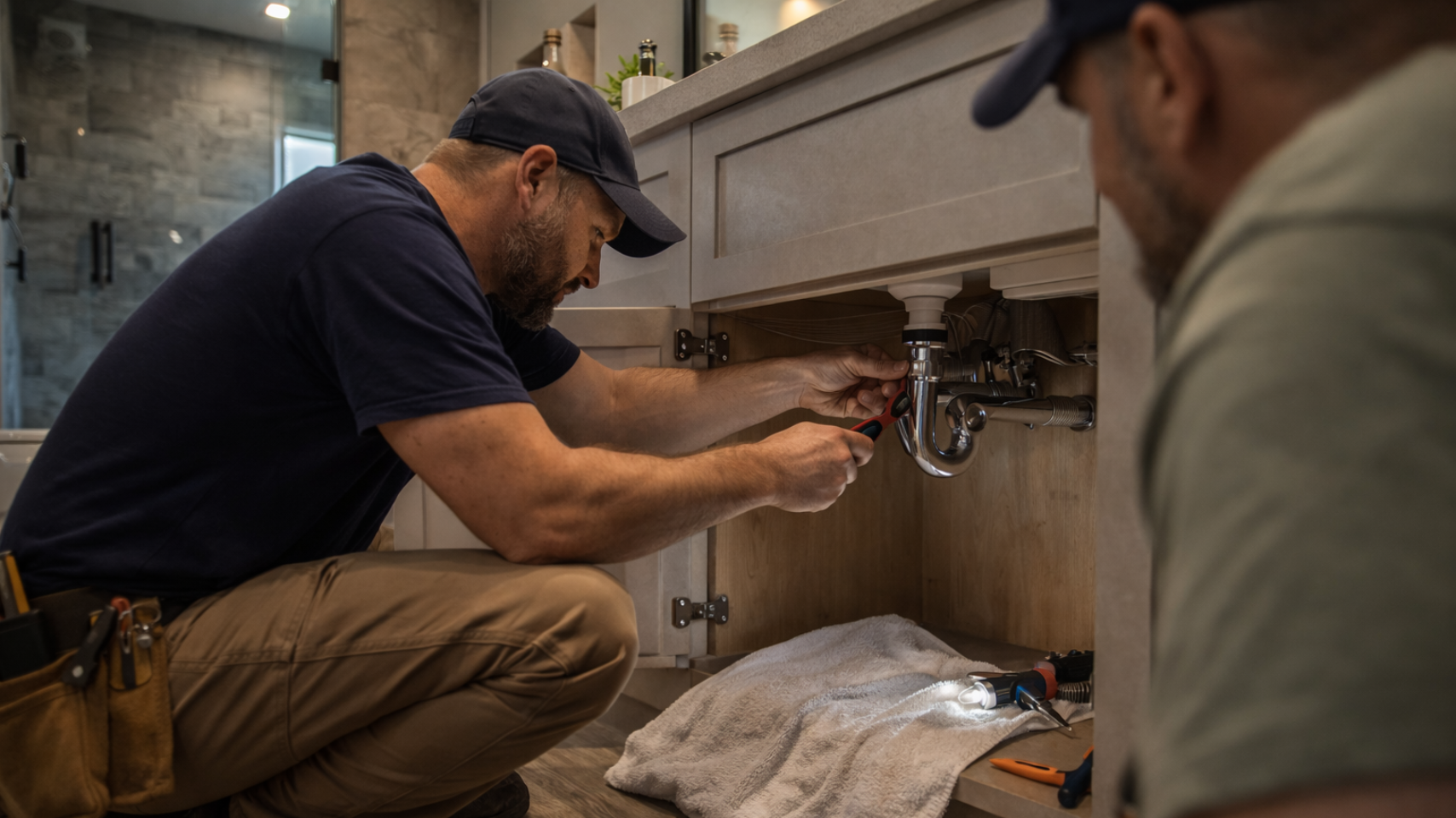 Bear Lake Idaho cabin plumbing repair under bathroom sink with handyman tightening pipe connection to prevent leaks during summer rental season