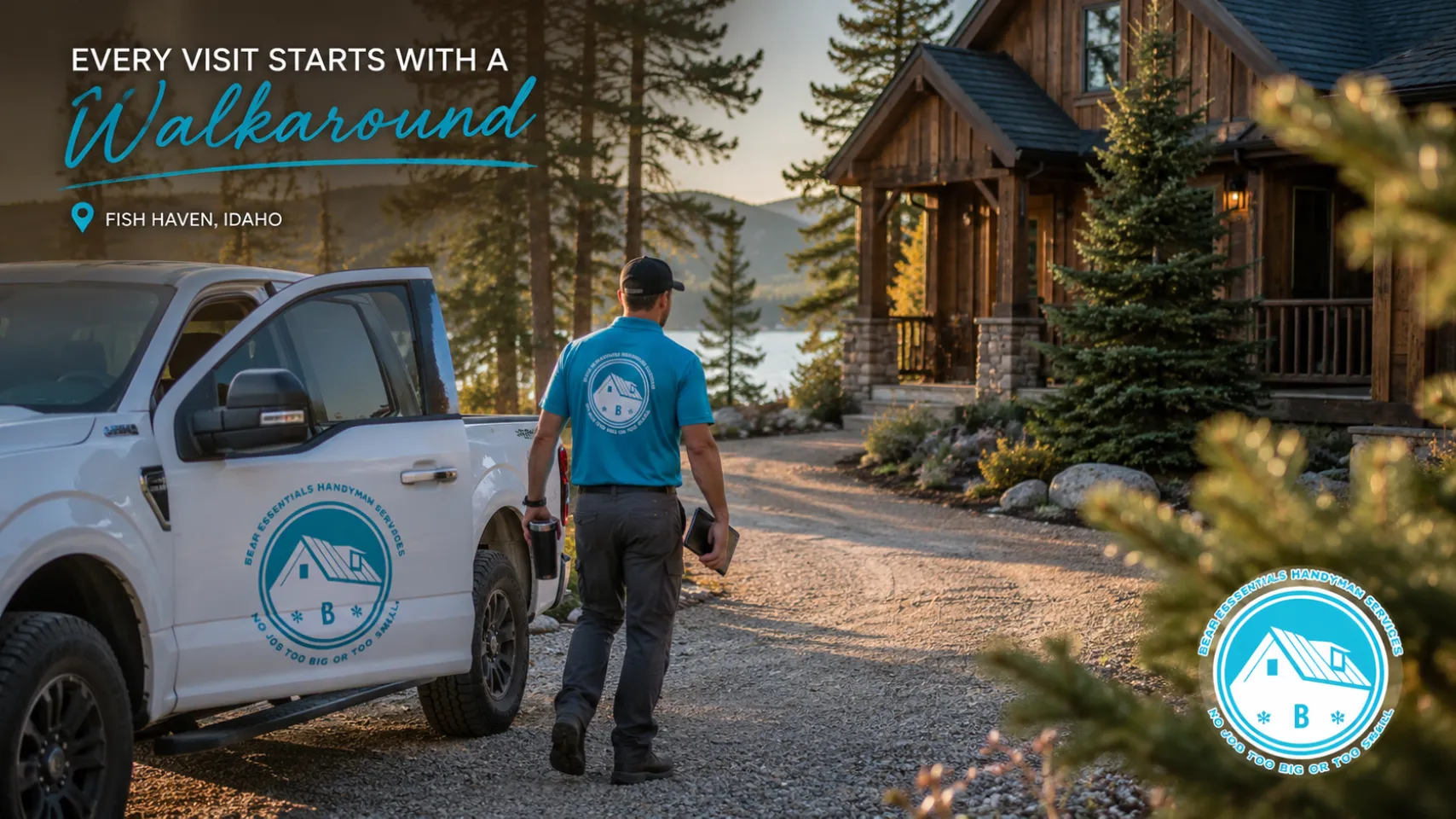 Bear Essentials Handyman Services technician inspecting cabin in Fish Haven, Idaho, with truck and lake