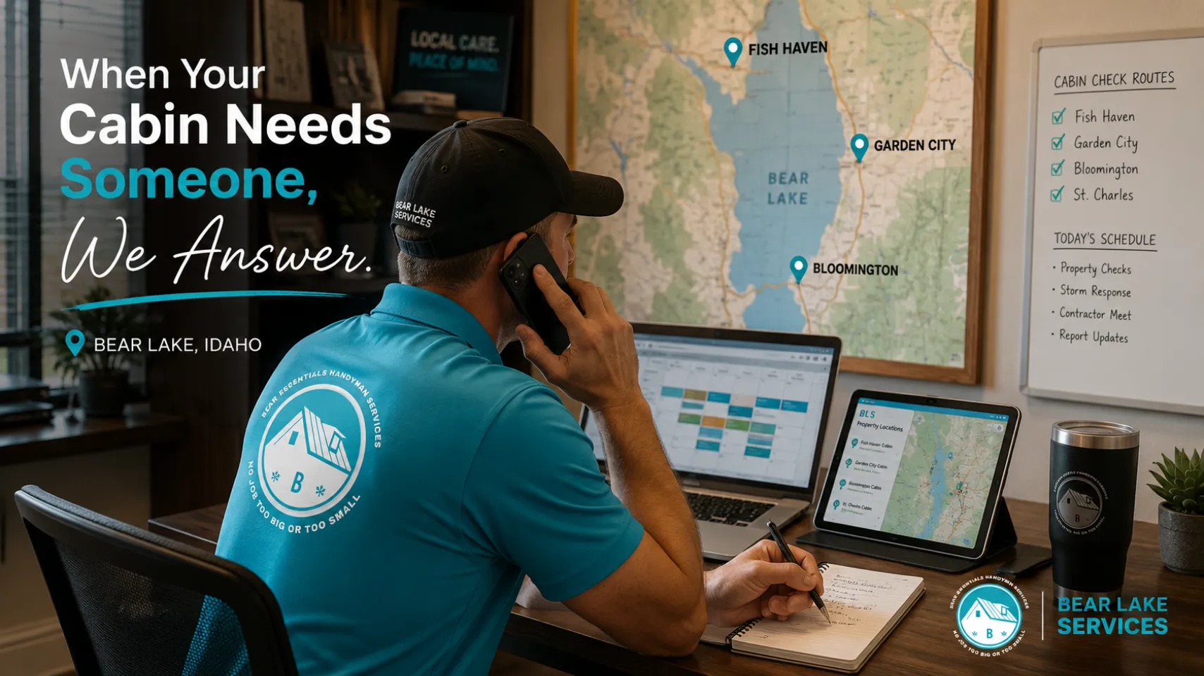 Bear Lake Services technician on phone with map of Bear Lake, Fish Haven, Bloomington, and