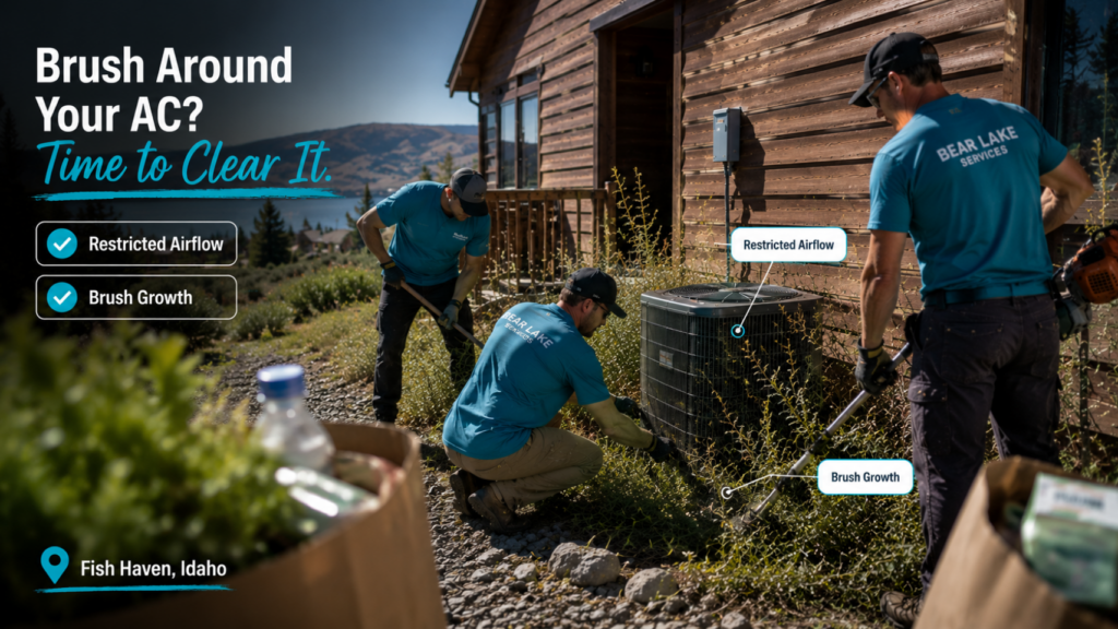 Bear Lake Services team clearing brush around outdoor AC unit and condenser, ensuring airflow for